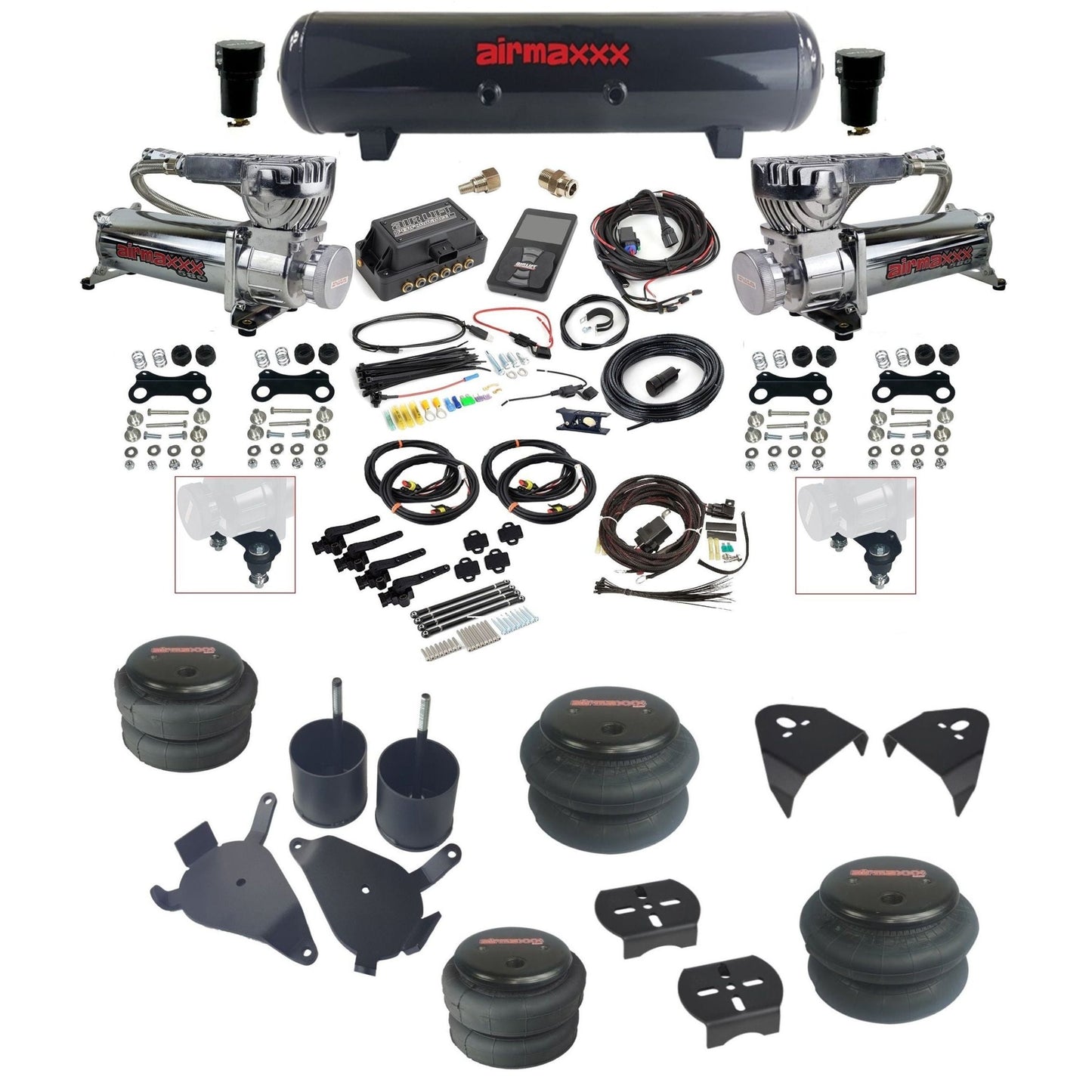 Air Lift 3H 27695 dual 580 chrome compressors steel tank bags & airmaxxx brackets Air Ride Kit for 1982–2005 S10/S15/Sonoma KS10-580C2-57S-27695-WK-3P2