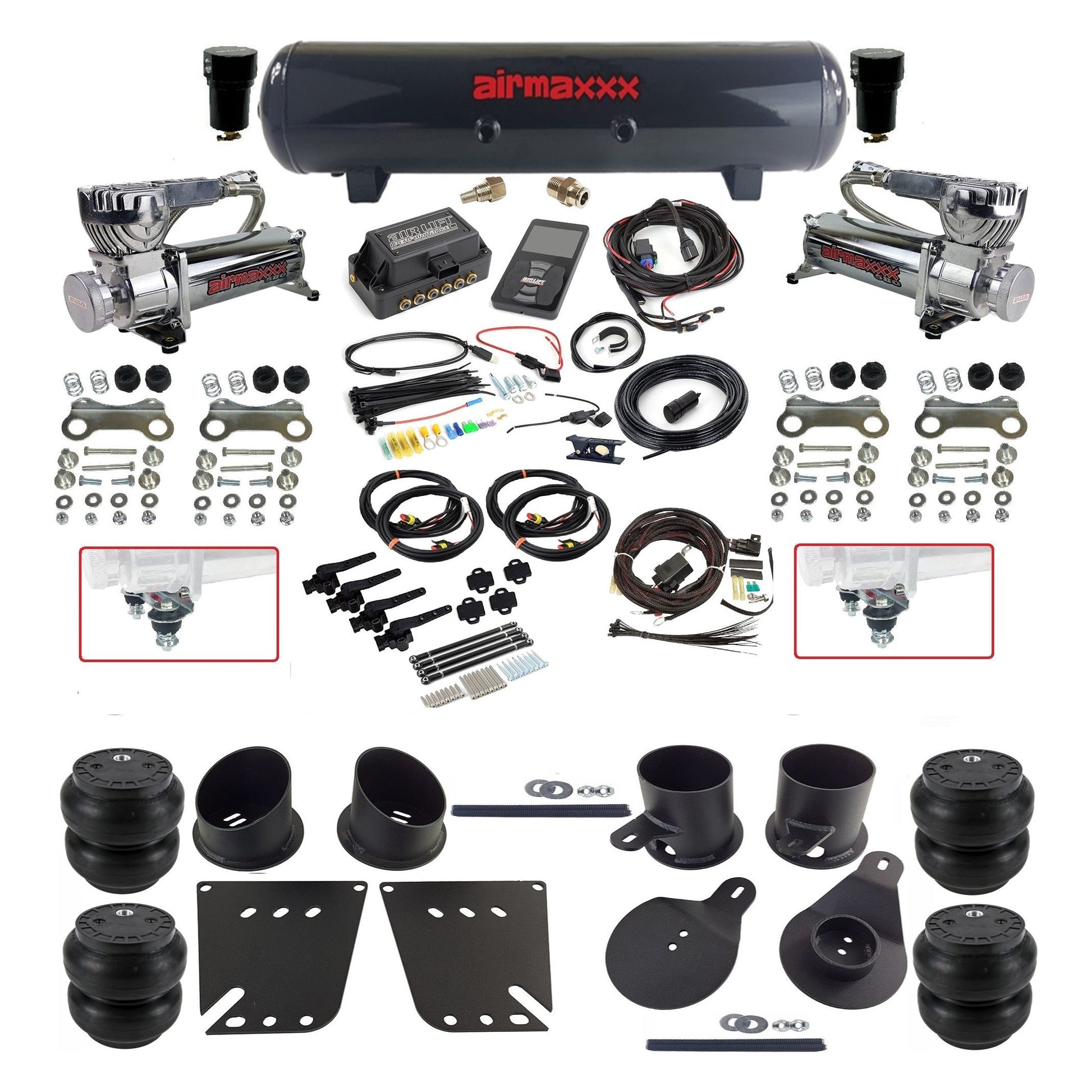 Air Lift 3H 27695 dual 580 chrome compressors steel tank slam bags & airmaxxx brackets Air Ride Kit for 1958–64 Chevy Impala KIMP58-580C2-57S-27695-WK-3P2SS7