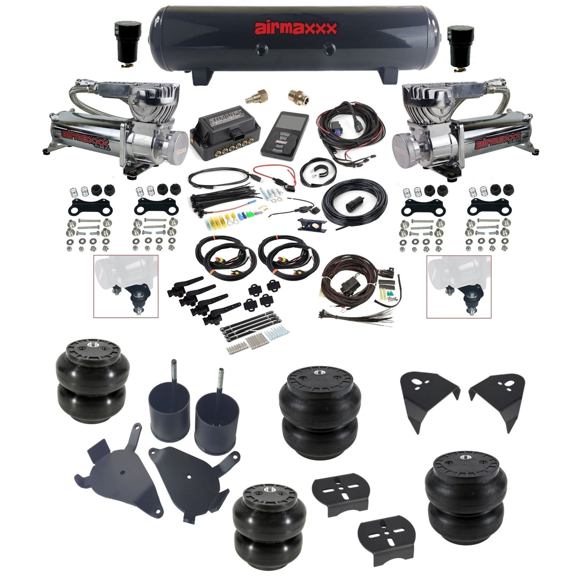 Air Lift 3H 27695 dual 580 chrome compressors steel tank slam bags & airmaxxx brackets Air Ride Kit for 1982–2005 S10/S15/Sonoma KS10-580C2-57S-27695-WK-3P2SS6SS7