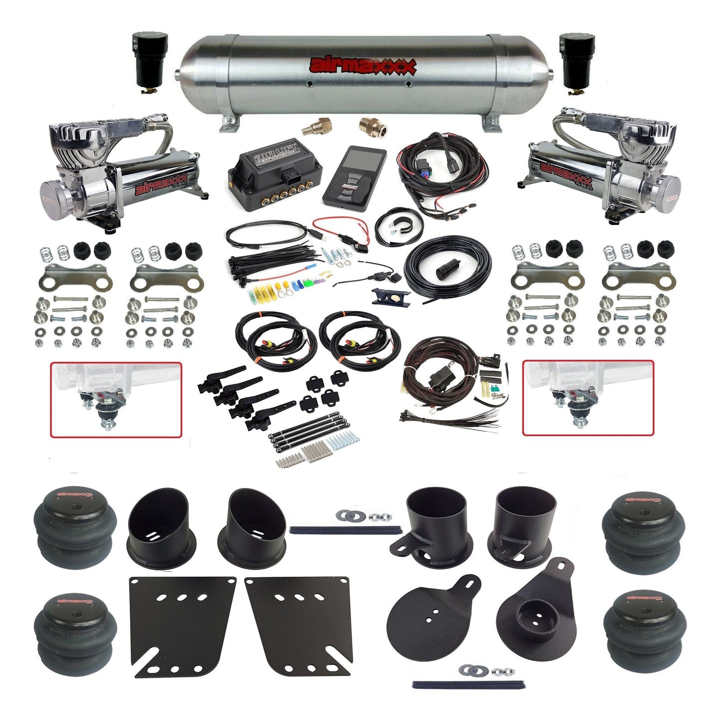 Air Lift 3H 27695 dual 580chrome compressors raw aluminum tank 2600  bags & airmaxxx brackets Air Ride Kit for 1958–64 Chevy Impala KIMP58-580C2-57ARAW-27695-WK-3P2