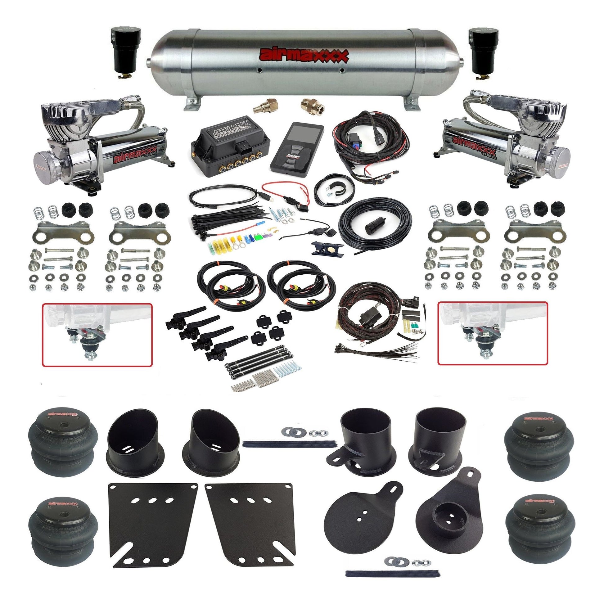 Air Lift 3H 27695 dual 580chrome compressors raw aluminum tank 2600  bags & airmaxxx brackets Air Ride Kit for 1958–64 Chevy Impala KIMP58-580C2-57ARAW-27695-WK-3P2