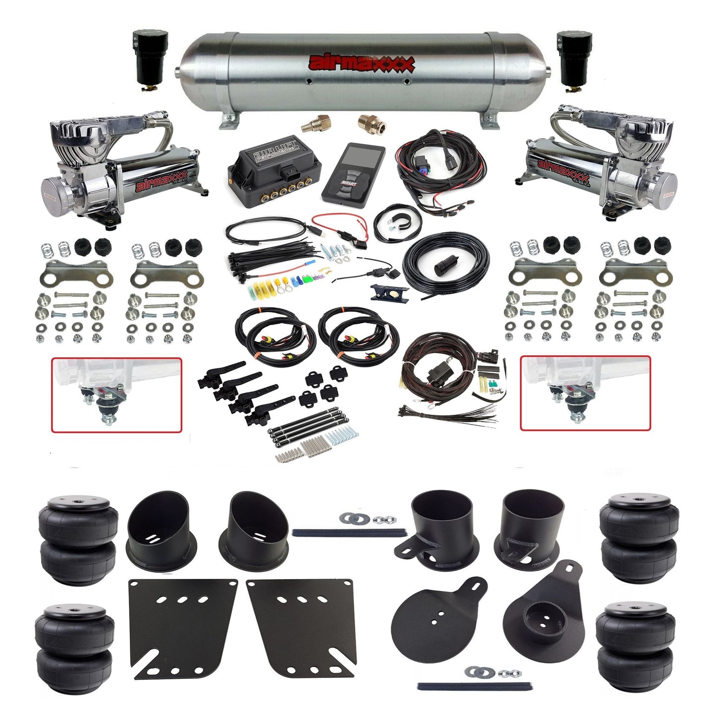 Air Lift 3H 27695 dual 580chrome compressors raw aluminum tank airlift  bags & airmaxxx brackets Air Ride Kit for 1958–64 Chevy Impala KIMP58-580C2-57ARAW-27695-WK-3P2D25