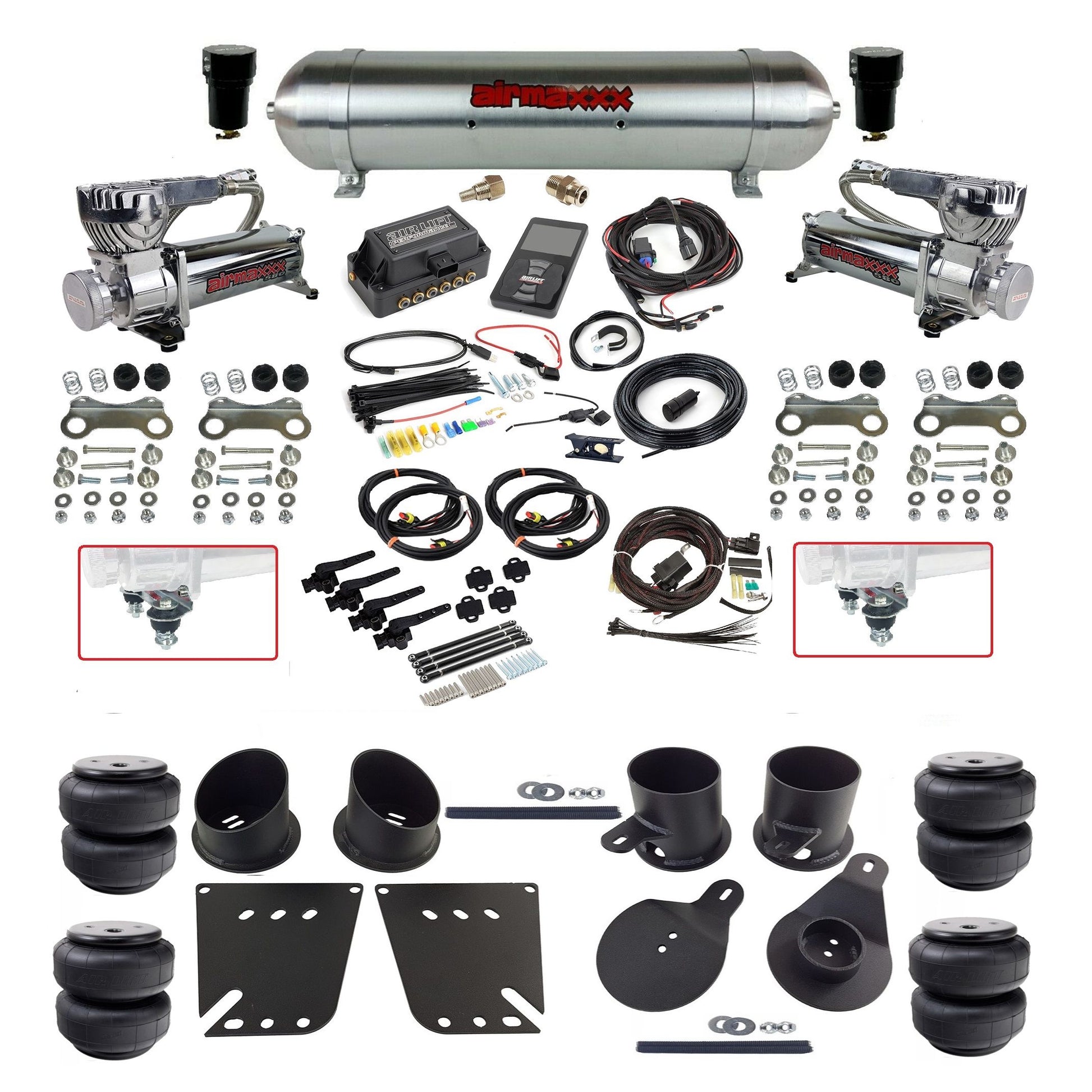 Air Lift 3H 27695 dual 580chrome compressors raw aluminum tank airlift  bags & airmaxxx brackets Air Ride Kit for 1958–64 Chevy Impala KIMP58-580C2-57ARAW-27695-WK-3P2D25