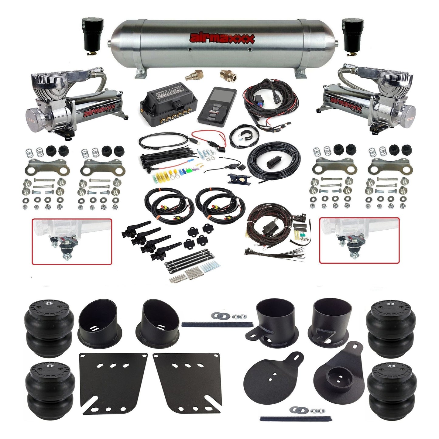 Air Lift 3H 27695 dual 580chrome compressors raw aluminum tank slam bags & airmaxxx brackets Air Ride Kit for 1958–64 Chevy Impala KIMP58-580C2-57ARAW-27695-WK-3P2SS7