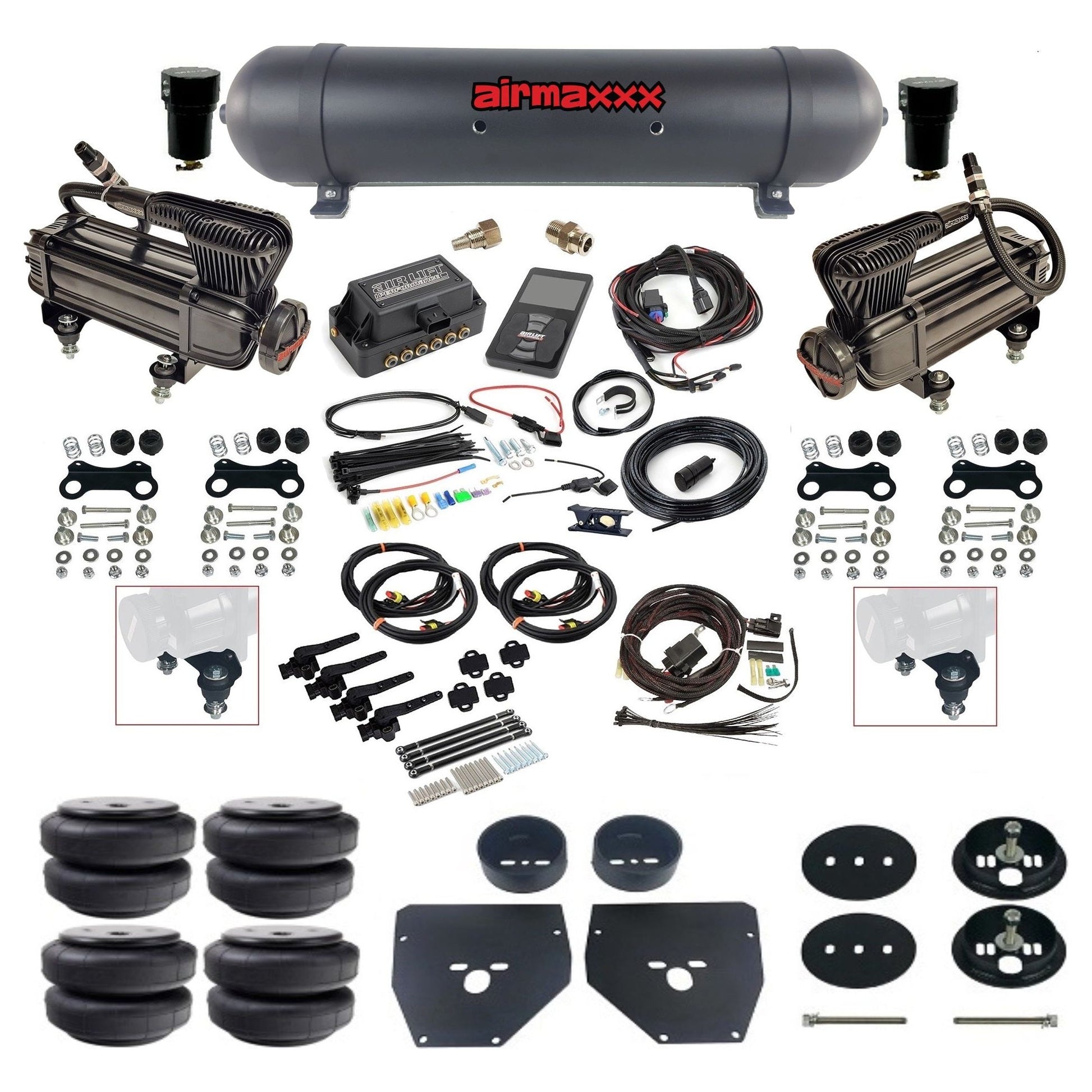 Air Lift 3H 27695 dual x-series compressors aluminum tank airlift bags & airmaxxx brackets Air Ride Kit for 1963–72 Chevy/GMC C10/C20/C30 KC1063-XB2-57ABK-27695-WK-3P2D26