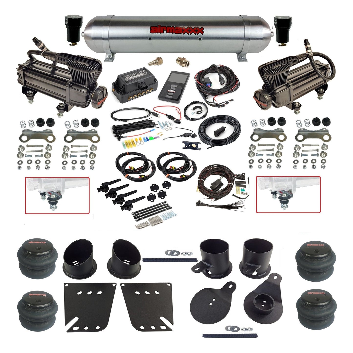 Air Lift 3H 27695 dual x-series compressors raw aluminum tank 2600 bags & airmaxxx brackets Air Ride Kit for 1958–64 Chevy Impala KIMP58-XB2-57ARW-27695-WK-3P