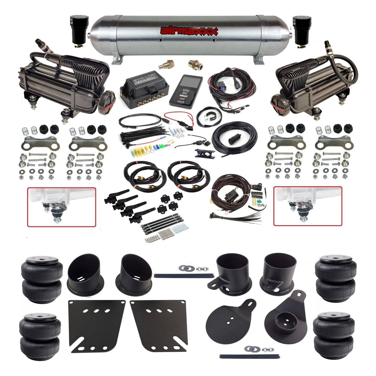 Air Lift 3H 27695 dual x-series compressors raw aluminum tank airlift bags & airmaxxx brackets Air Ride Kit for 1958–64 Chevy Impala KIMP58-XB2-57ARW-27695-WK-3PD25