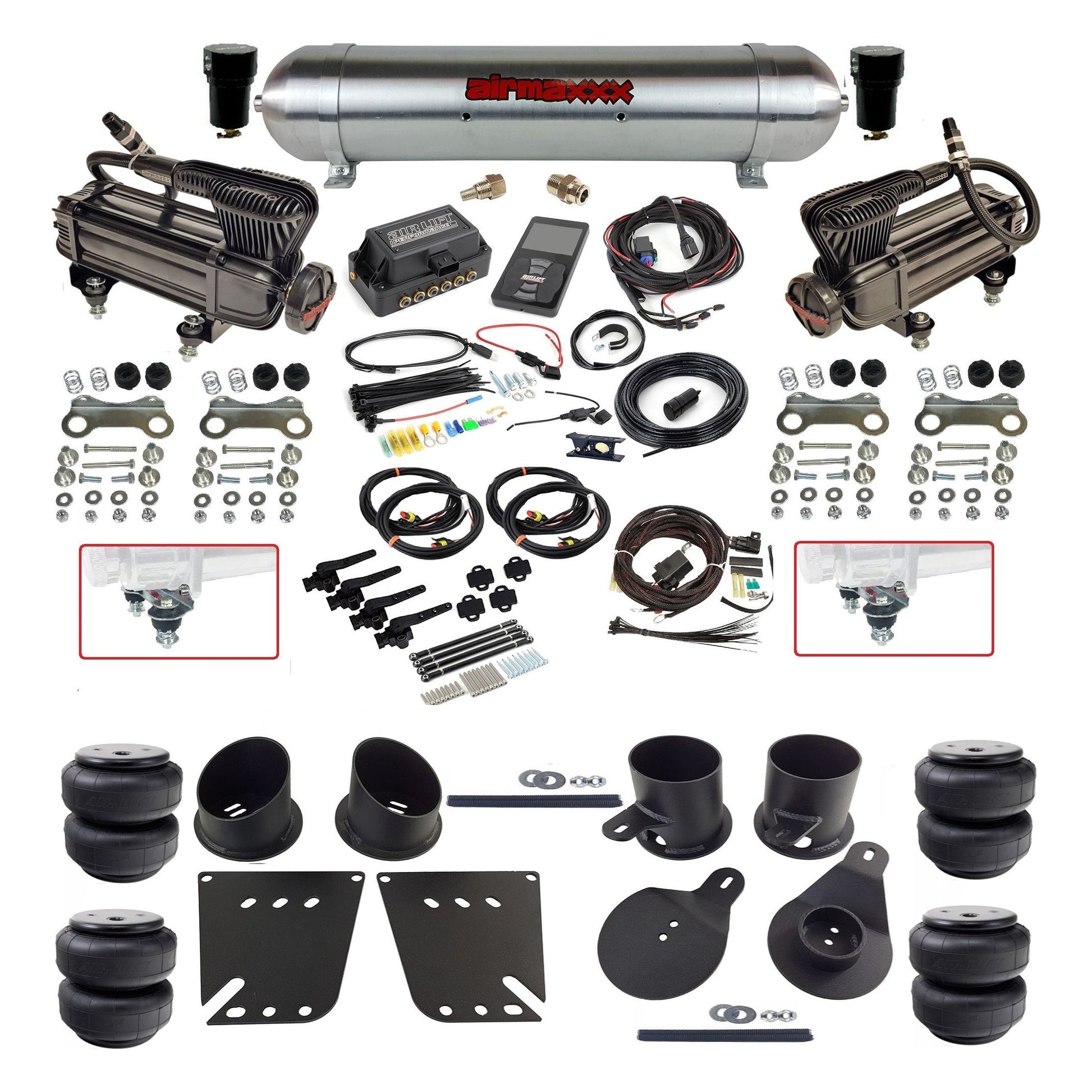 Air Lift 3H 27695 dual x-series compressors raw aluminum tank airlift bags & airmaxxx brackets Air Ride Kit for 1958–64 Chevy Impala KIMP58-XB2-57ARW-27695-WK-3PD25