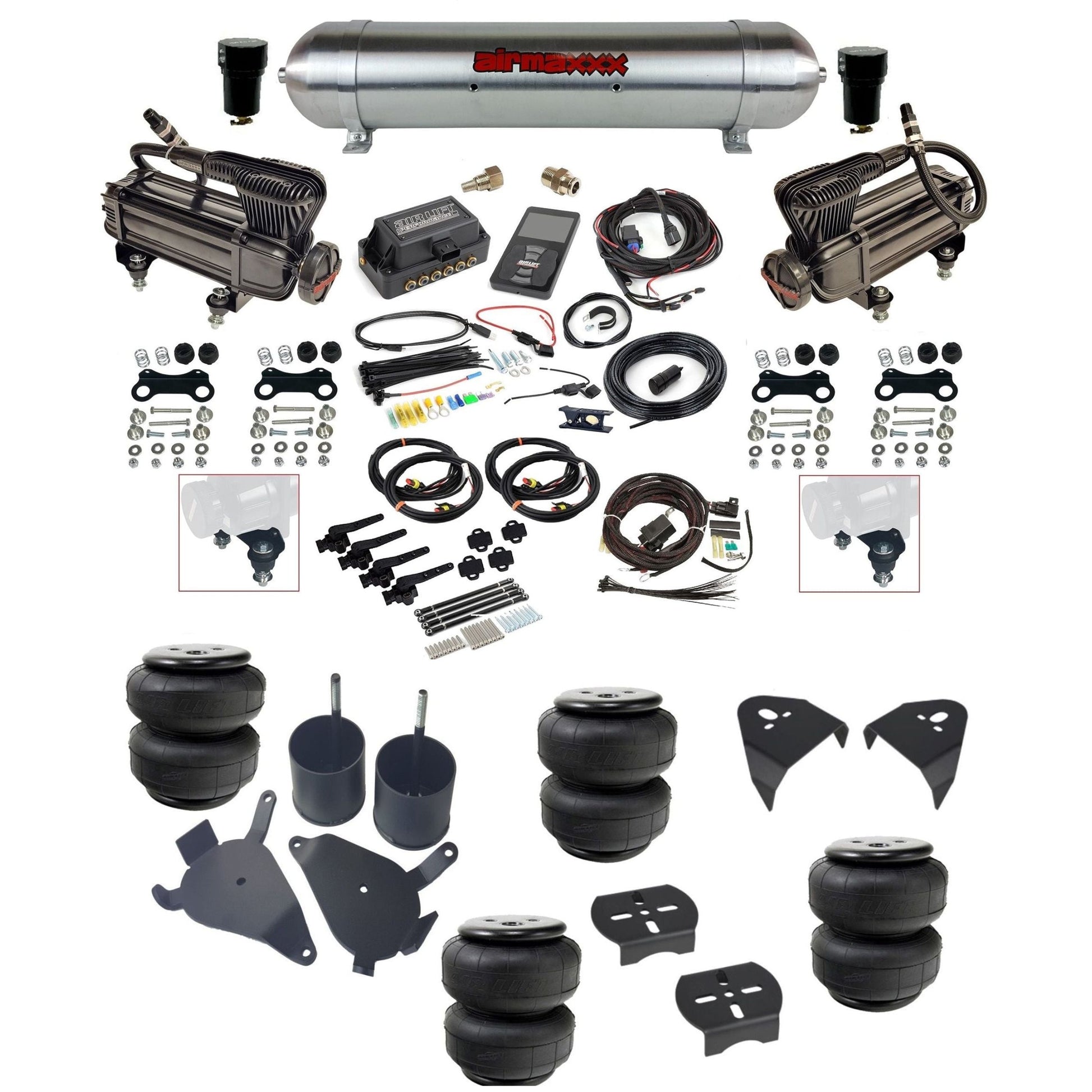 Air Lift 3H 27695 dual x-series compressors raw aluminum tank airlift bags & airmaxxx brackets Air Ride Kit for 1982–2005 S10/S15/Sonoma KS10-XB2-57ARW-27695-WK-3P2D25