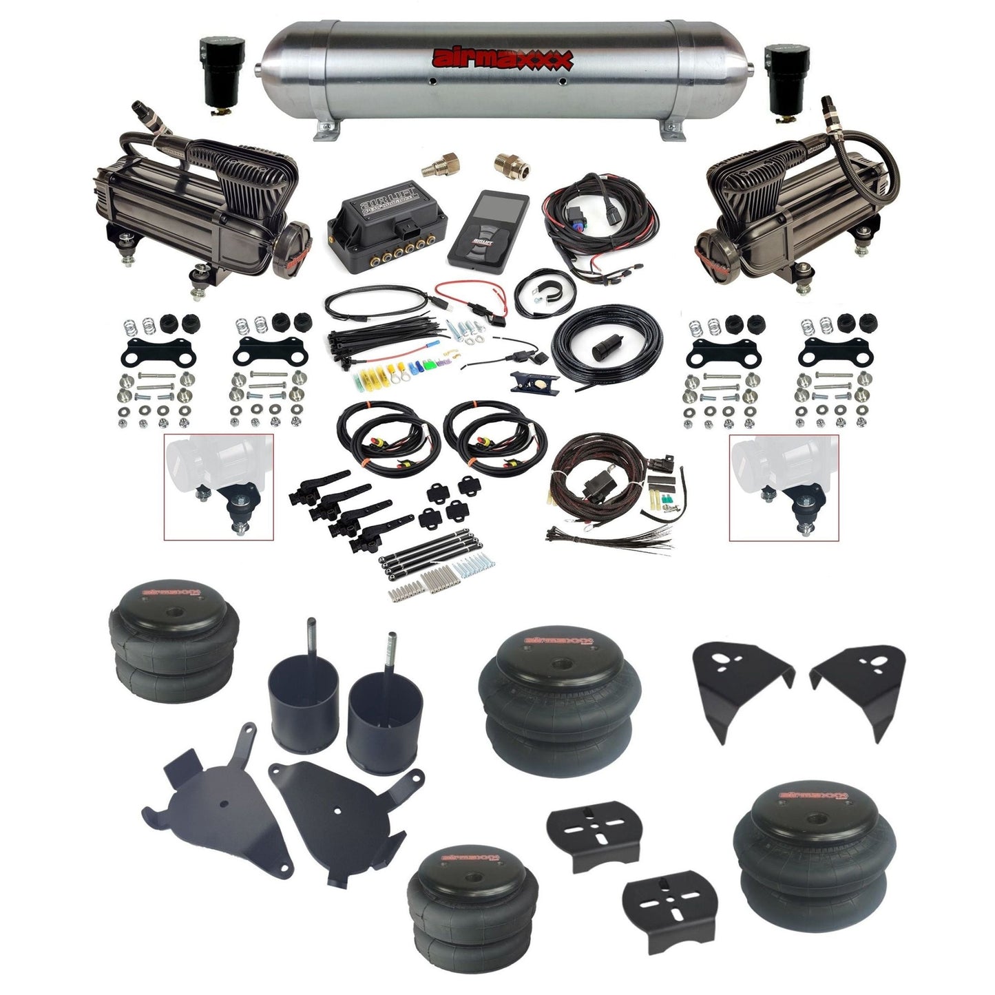 Air Lift 3H 27695 dual x-series compressors raw aluminum tank bags & airmaxxx brackets Air Ride Kit for 1982–2005 S10/S15/Sonoma KS10-XB2-57ARW-27695-WK-3P2