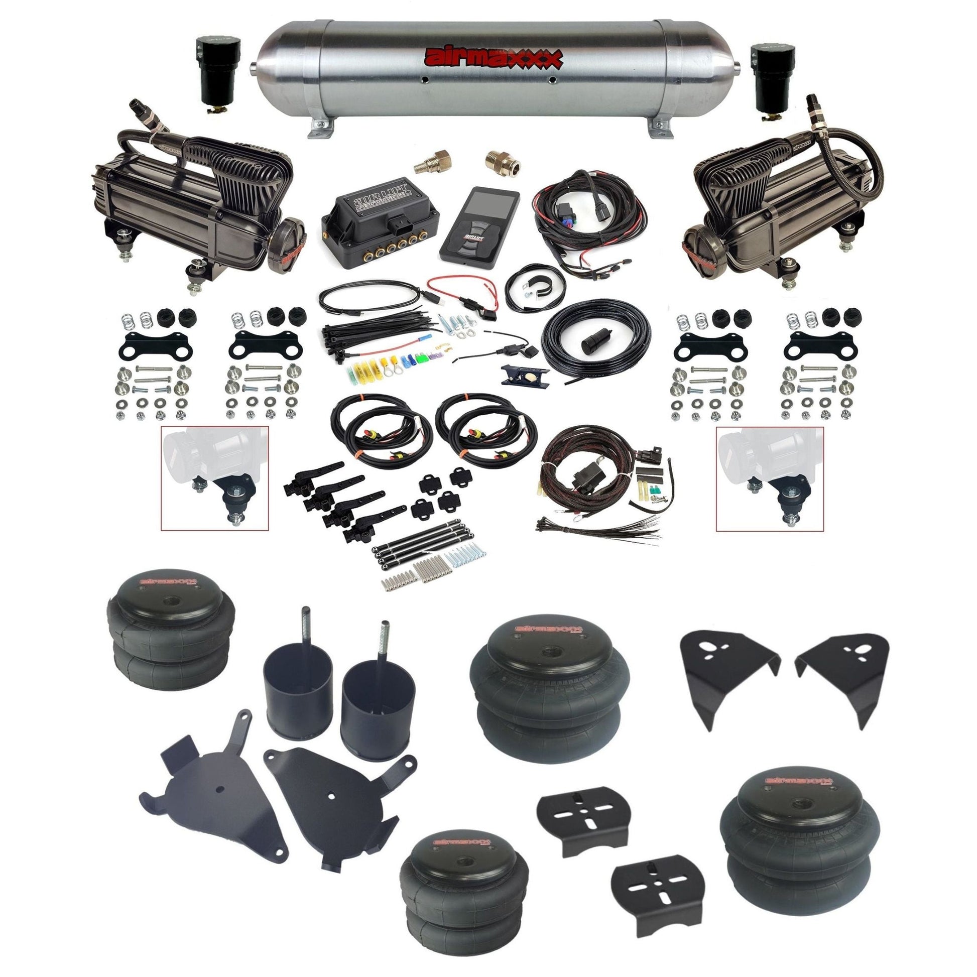 Air Lift 3H 27695 dual x-series compressors raw aluminum tank bags & airmaxxx brackets Air Ride Kit for 1982–2005 S10/S15/Sonoma KS10-XB2-57ARW-27695-WK-3P2