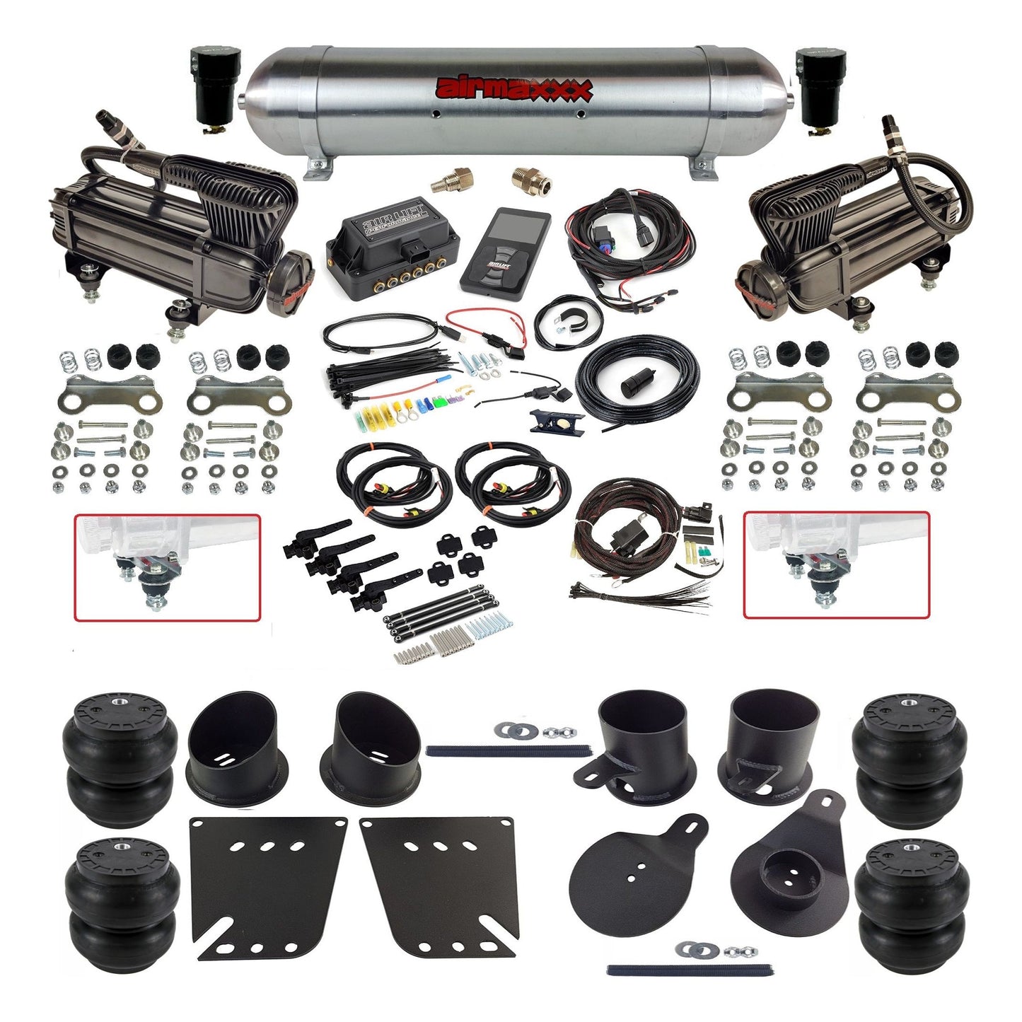 Air Lift 3H 27695 dual x-series compressors raw aluminum tank slam bags & airmaxxx brackets Air Ride Kit for 1958–64 Chevy Impala KIMP58-XB2-57ARW-27695-WK-3PSS7