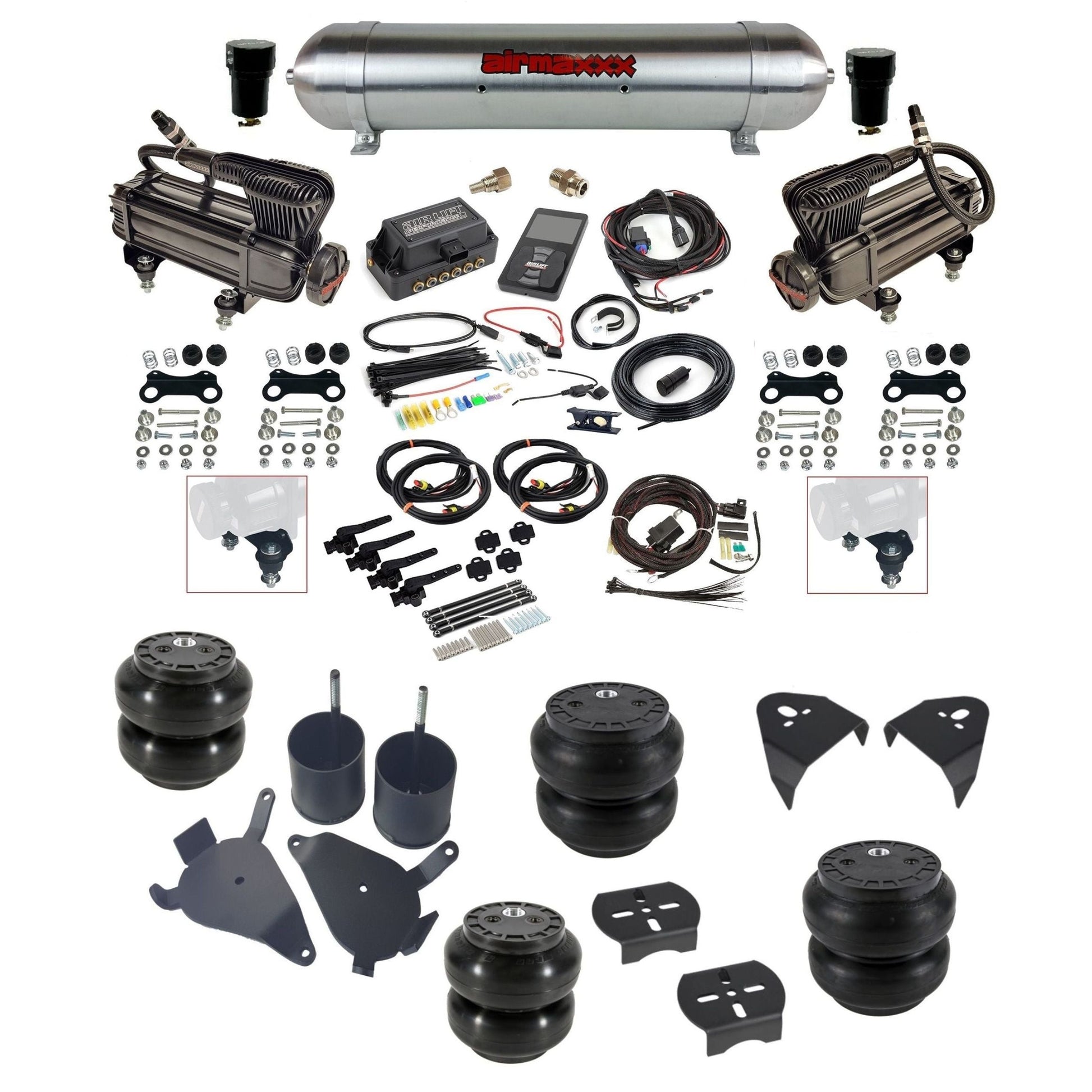 Air Lift 3H 27695 dual x-series compressors raw aluminum tank slam bags & airmaxxx brackets air ride Kit for 1982–2005 S10/S15/Sonoma KS10-XB2-57ARW-27695-WK-3P2SS6SS7