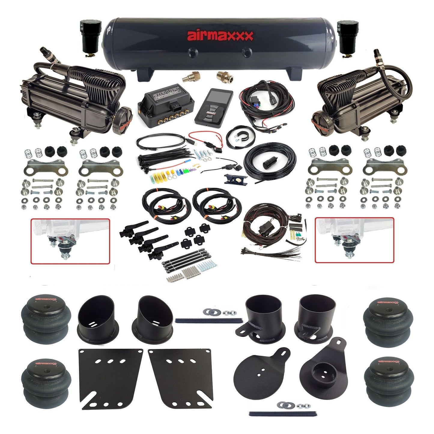 Air Lift 3H 27695 dual x-series compressors steel tank 2600 bags & airmaxxx brackets Air Ride Kit for 1958–64 Chevy Impala KIMP58-XB2-57S-27695-WK-3P