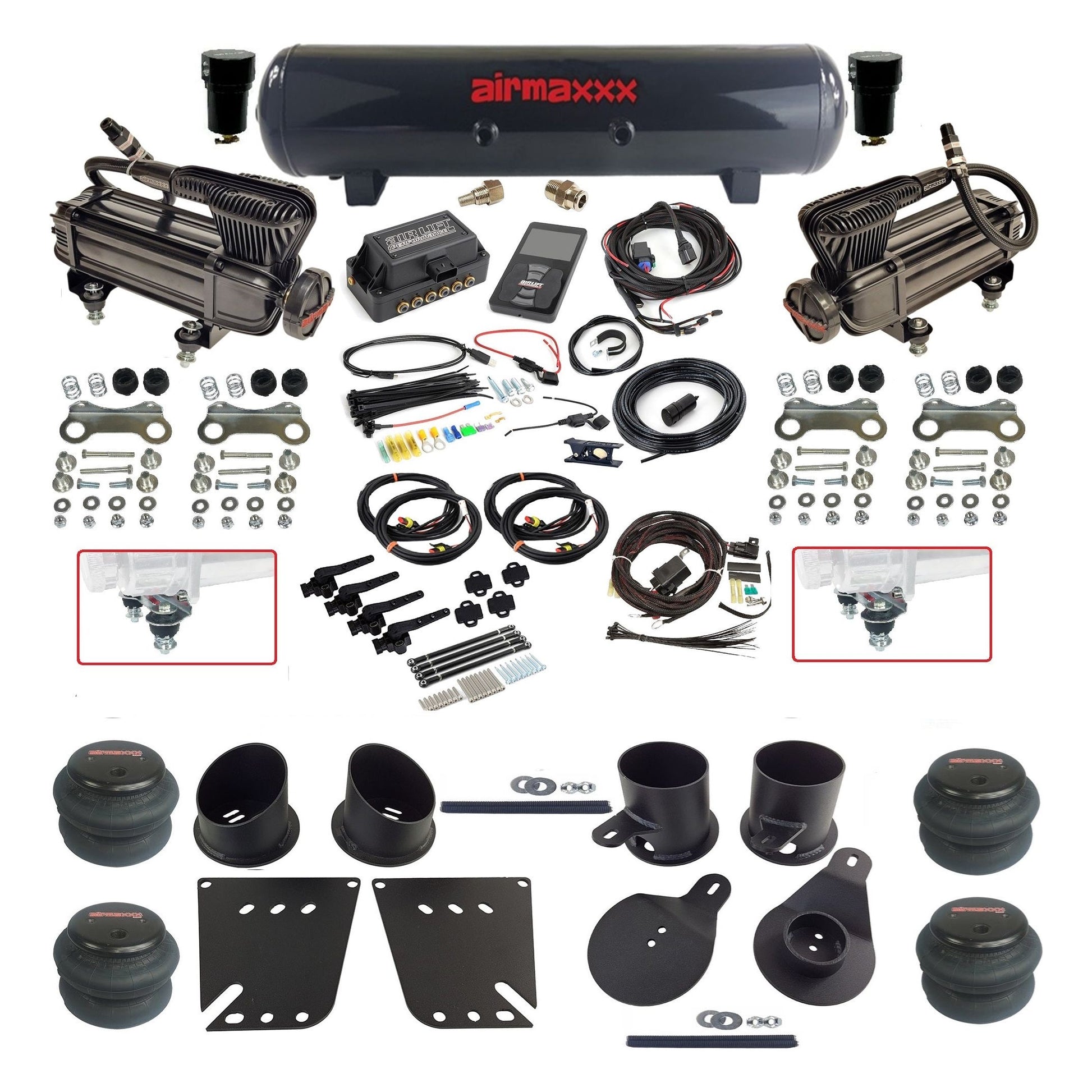 Air Lift 3H 27695 dual x-series compressors steel tank 2600 bags & airmaxxx brackets Air Ride Kit for 1958–64 Chevy Impala KIMP58-XB2-57S-27695-WK-3P
