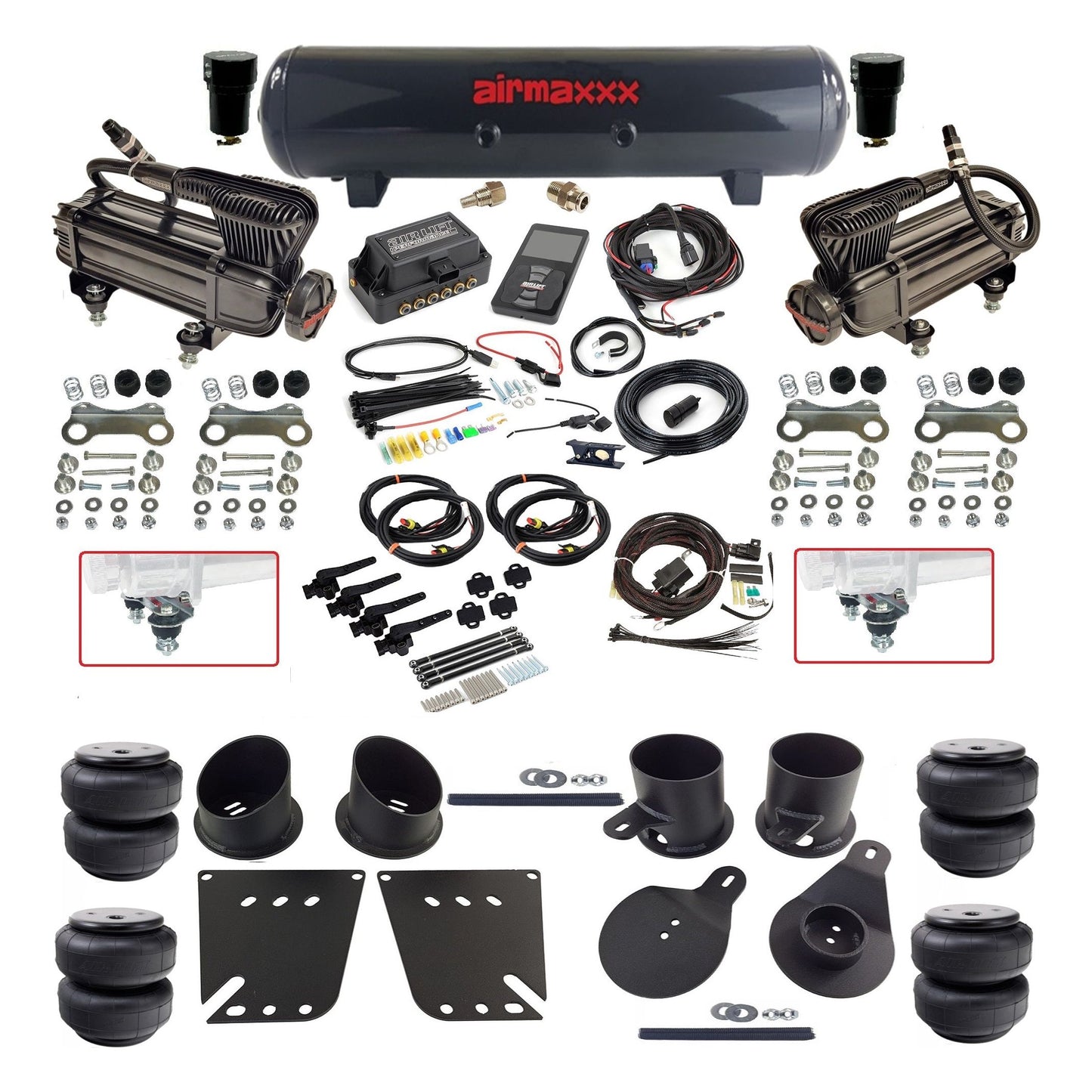 Air Lift 3H 27695 dual x-series compressors steel tank airlift bags & airmaxxx brackets Air Ride Kit for 1958–64 Chevy Impala KIMP58-XB2-57S-27695-WK-3PD25