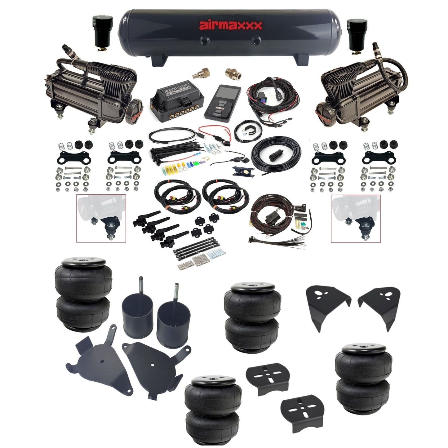 Air Lift 3H 27695 dual x-series compressors steel tank airlift bags & airmaxxx brackets Air Ride Kit for 1982–2005 S10/S15/Sonoma KS10-XB2-57S-27695-WK-3P2D25