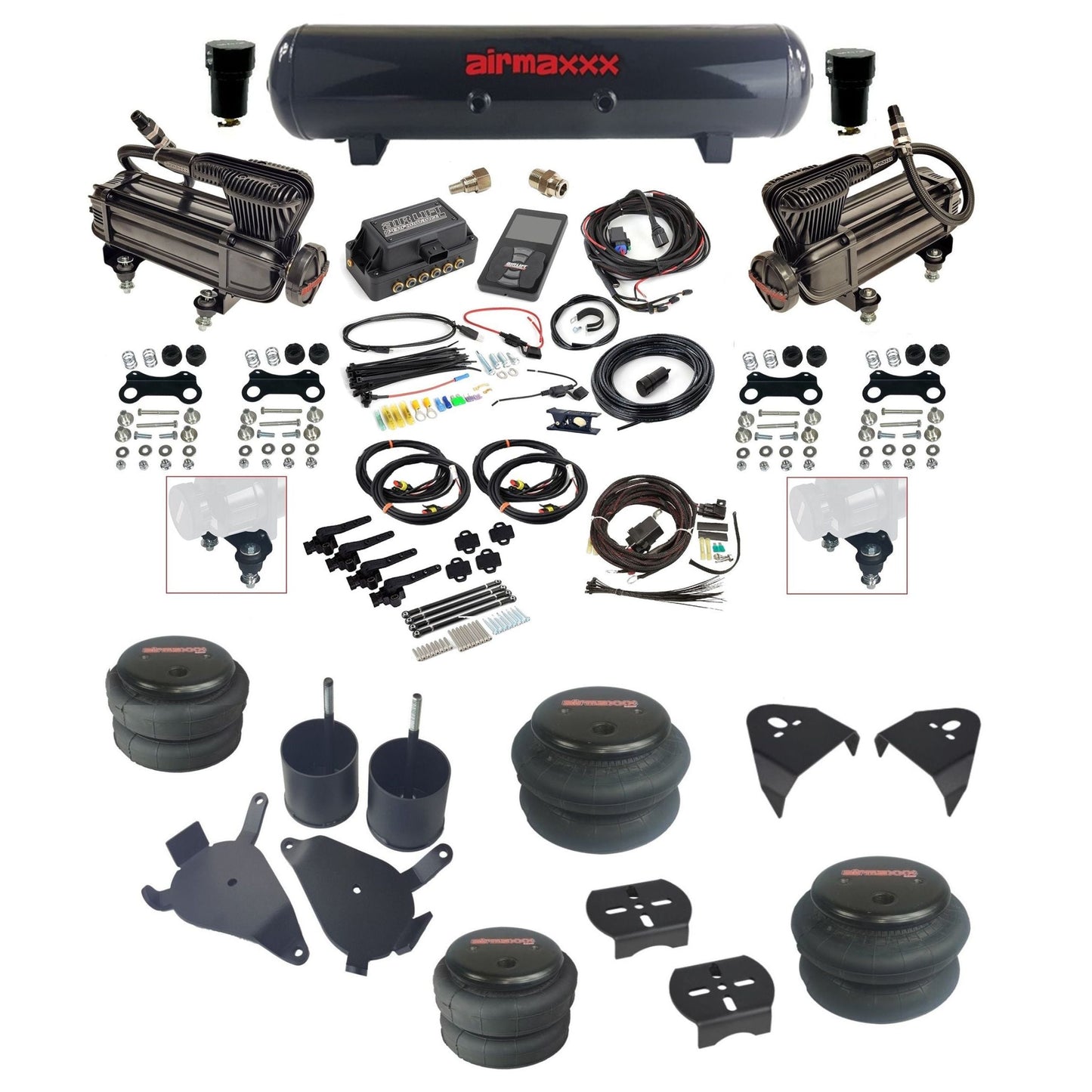 Air Lift 3H 27695 dual x-series compressors steel tank bags & airmaxxx brackets Air Ride Kit for 1982–2005 S10/S15/Sonoma KS10-XB2-57S-27695-WK-3P2