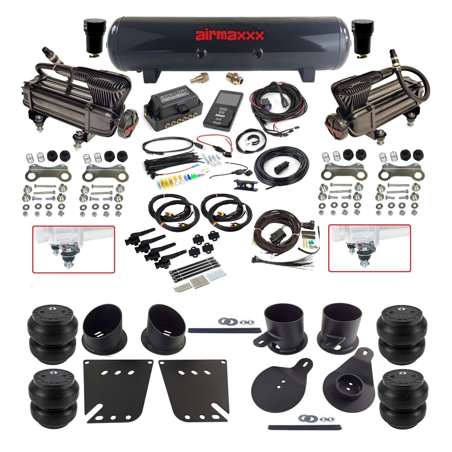 Air Lift 3H 27695 dual x-series compressors steel tank slam bags & airmaxxx brackets Air Ride Kit for 1958–64 Chevy Impala KIMP58-XB2-57S-27695-WK-3PSS7