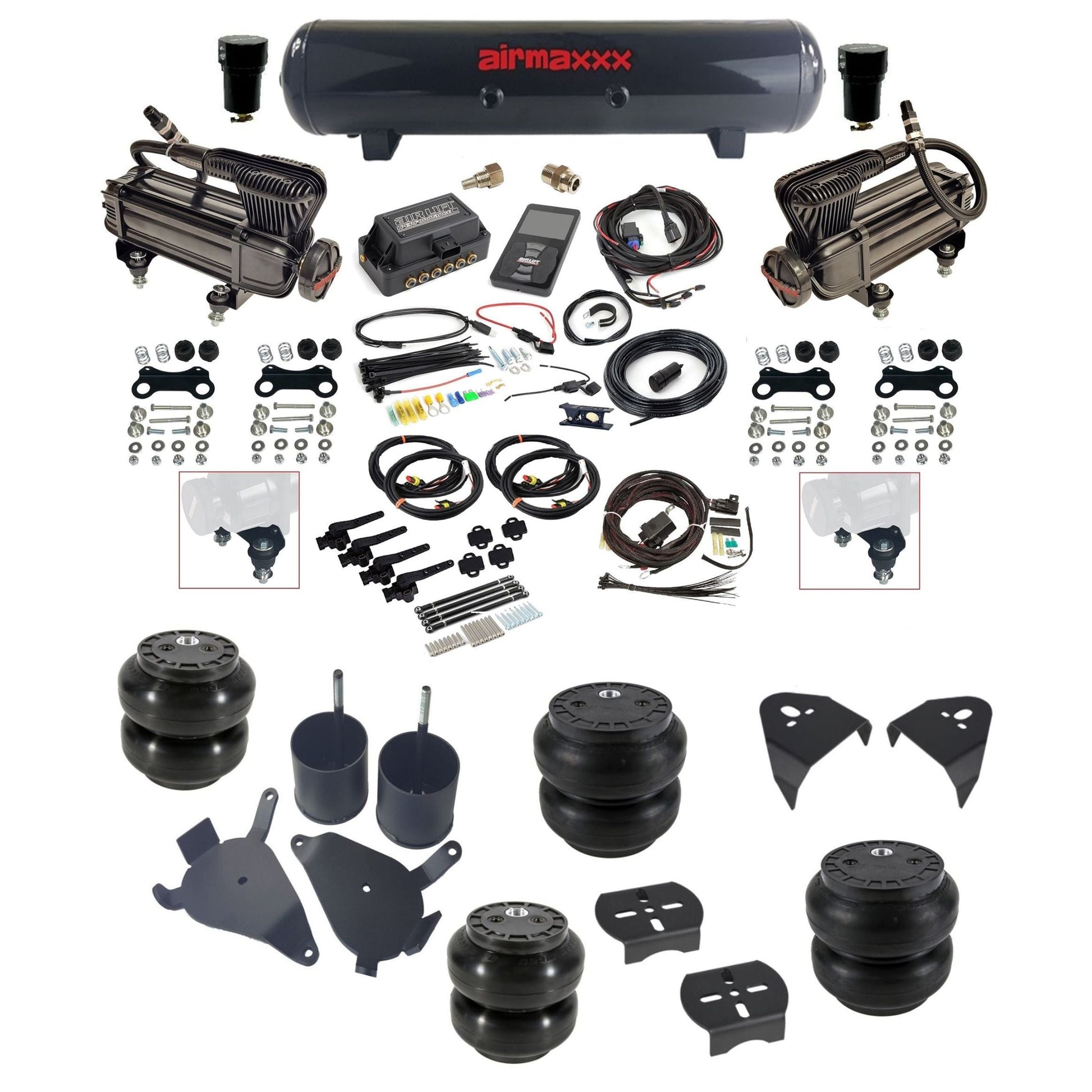Air Lift 3H 27695 dual x-series compressors steel tank slam bags & airmaxxx brackets Air Ride Kit for 1982–2005 S10/S15/Sonoma KS10-XB2-57S-27695-WK-3P2SS6SS7