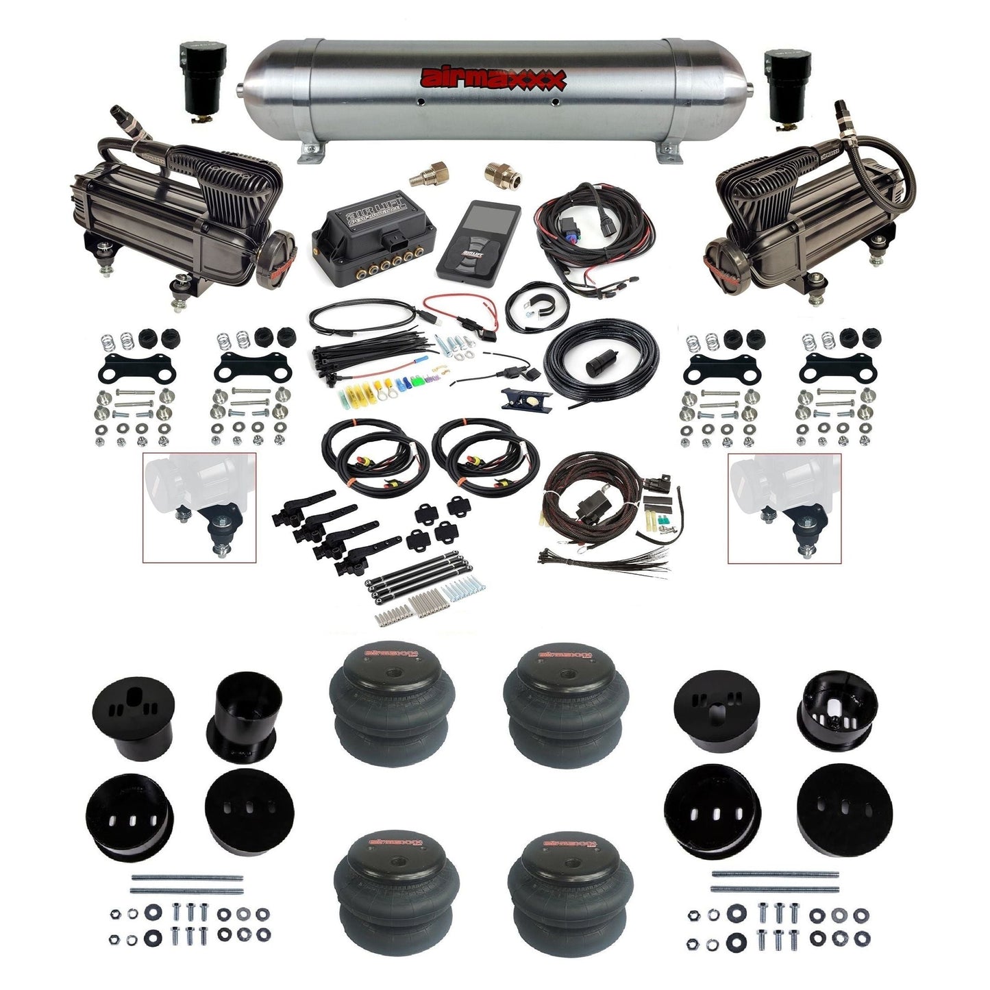 Air Lift 3H 3/8 X-series compressor raw aluminum tank 2600 bags & airmaxxx brackets air ride kit for 1958-60 Cadillac KCAD58-XB2-57ARW-27695-WK-3P2