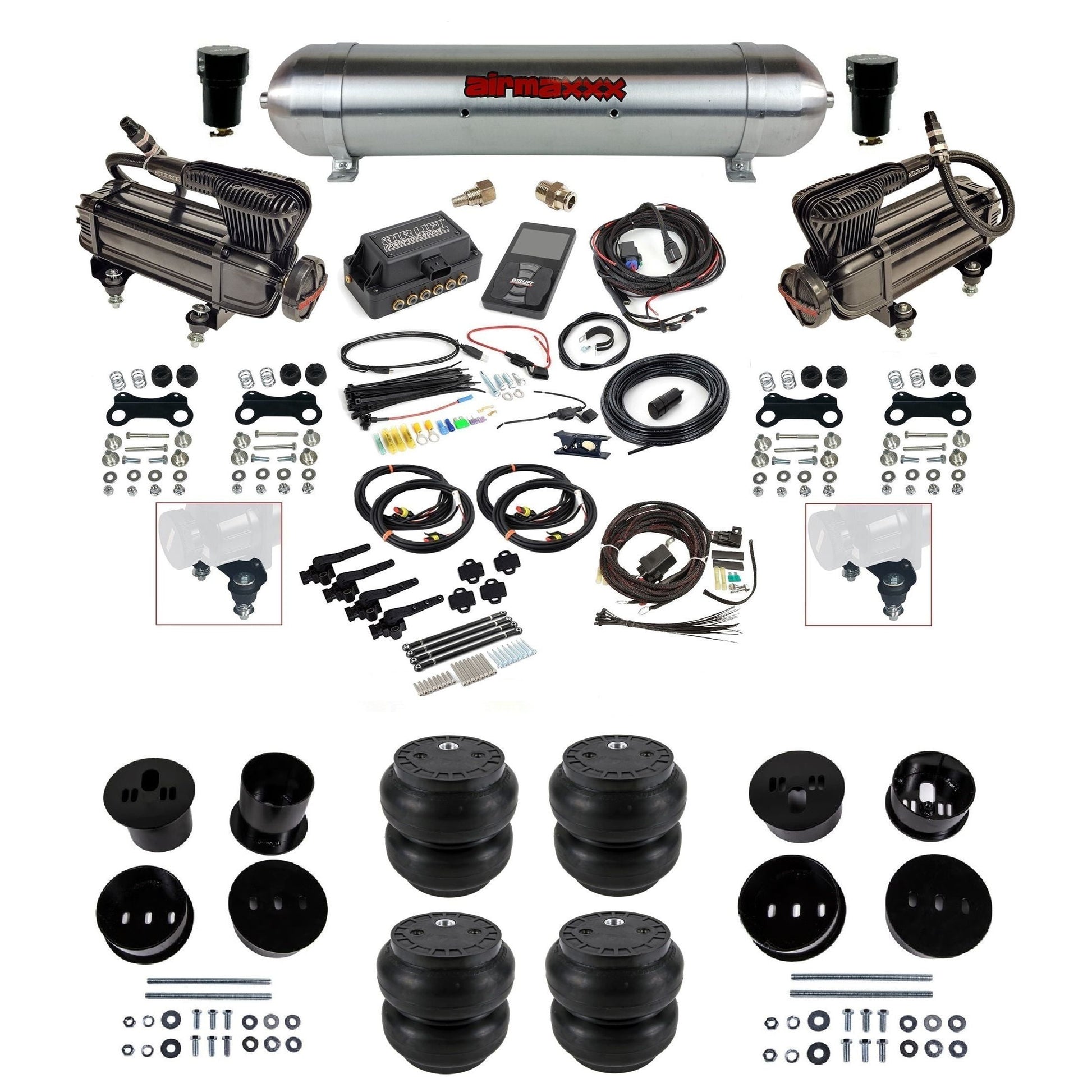 Air Lift 3H 3/8 X-series compressor raw aluminum tank Slam bags & airmaxxx brackets air ride kit for 1958-60 Cadillac KCAD58-XB2-57ARW-27695-WK-3P2SS7