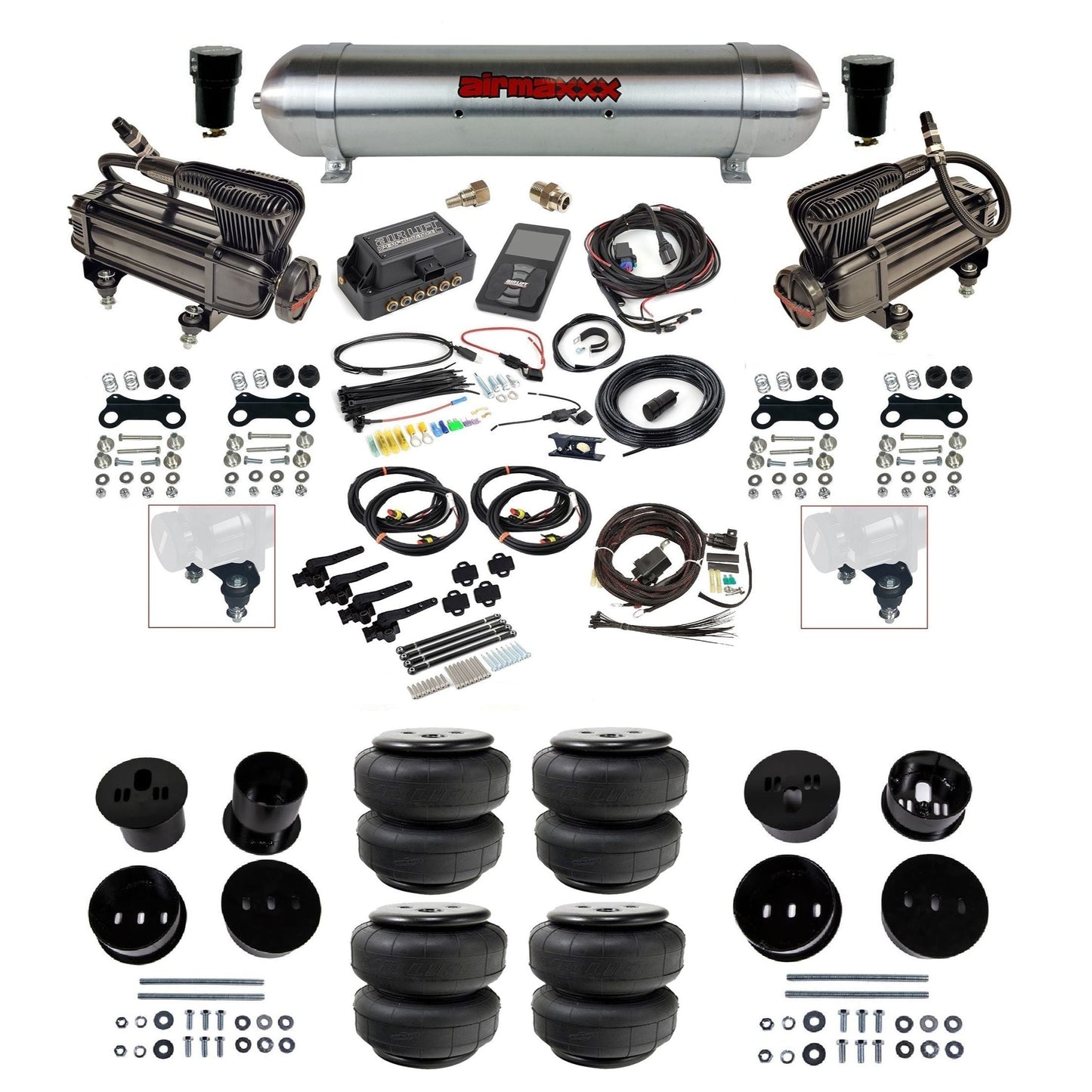 Air Lift 3H 3/8 X-series compressor raw aluminum tank airlift bags & airmaxxx brackets air ride kit for 1958-60 Cadillac KCAD58-XB2-57ARW-27695-WK-3P2D25