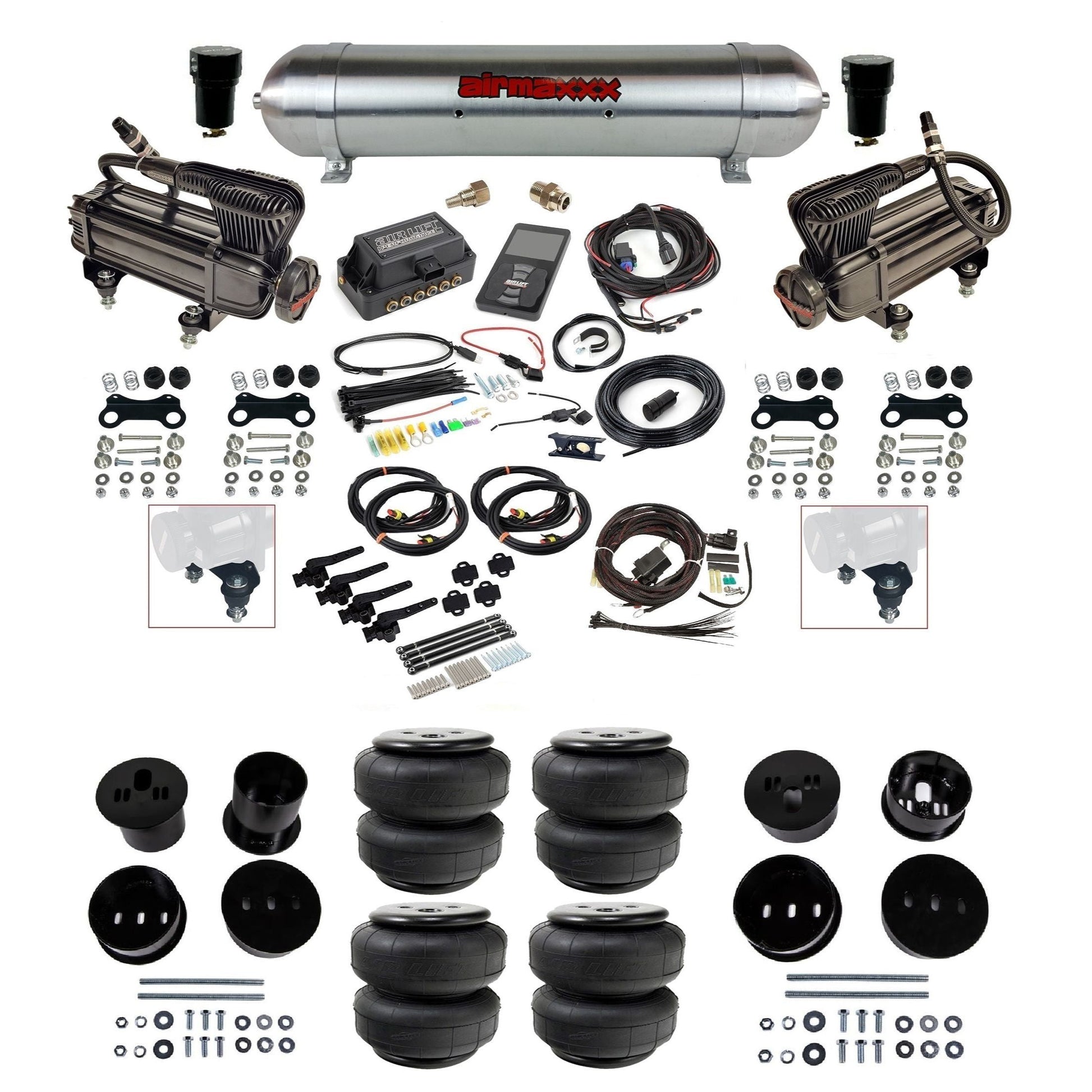 Air Lift 3H 3/8 X-series compressor raw aluminum tank airlift bags & airmaxxx brackets air ride kit for 1958-60 Cadillac KCAD58-XB2-57ARW-27695-WK-3P2D25