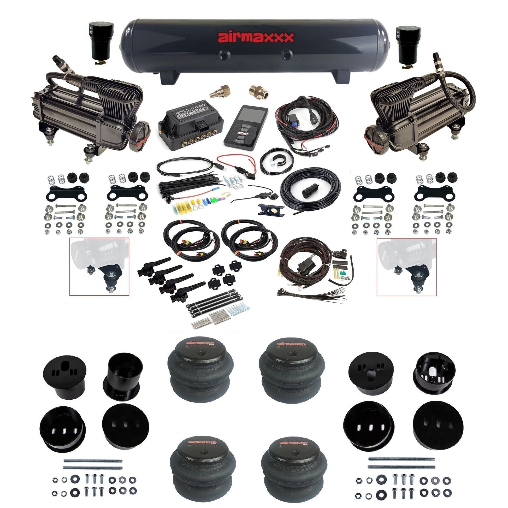 Air Lift 3H 3/8 X-series compressor steel tank 2600 bags & airmaxxx brackets air ride kit for 1958-60 Cadillac KCAD58-XB2-57S-27695-WK-3P