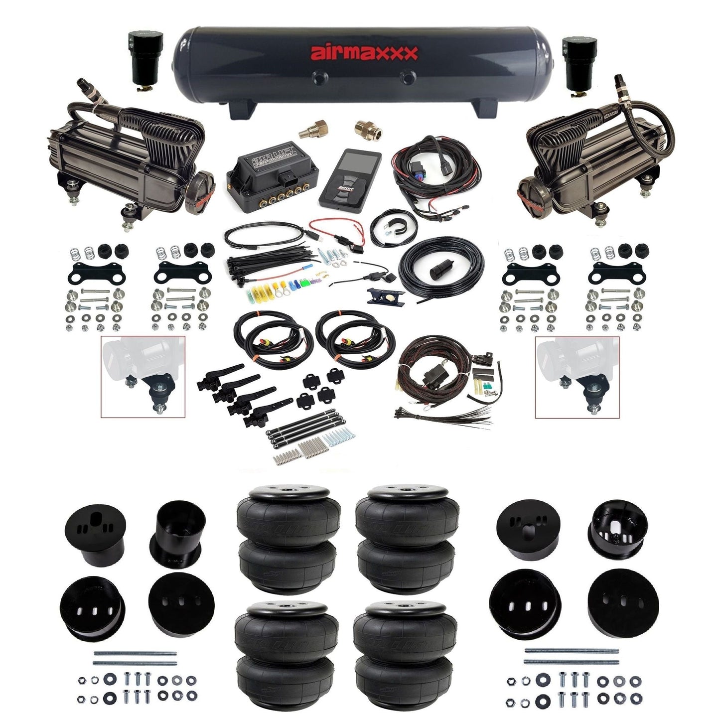 Air Lift 3H 3/8 X-series compressor steel tank airlift bags & airmaxxx brackets air ride kit for 1958-60 Cadillac KCAD58-XB2-57S-27695-WK-3P2D25