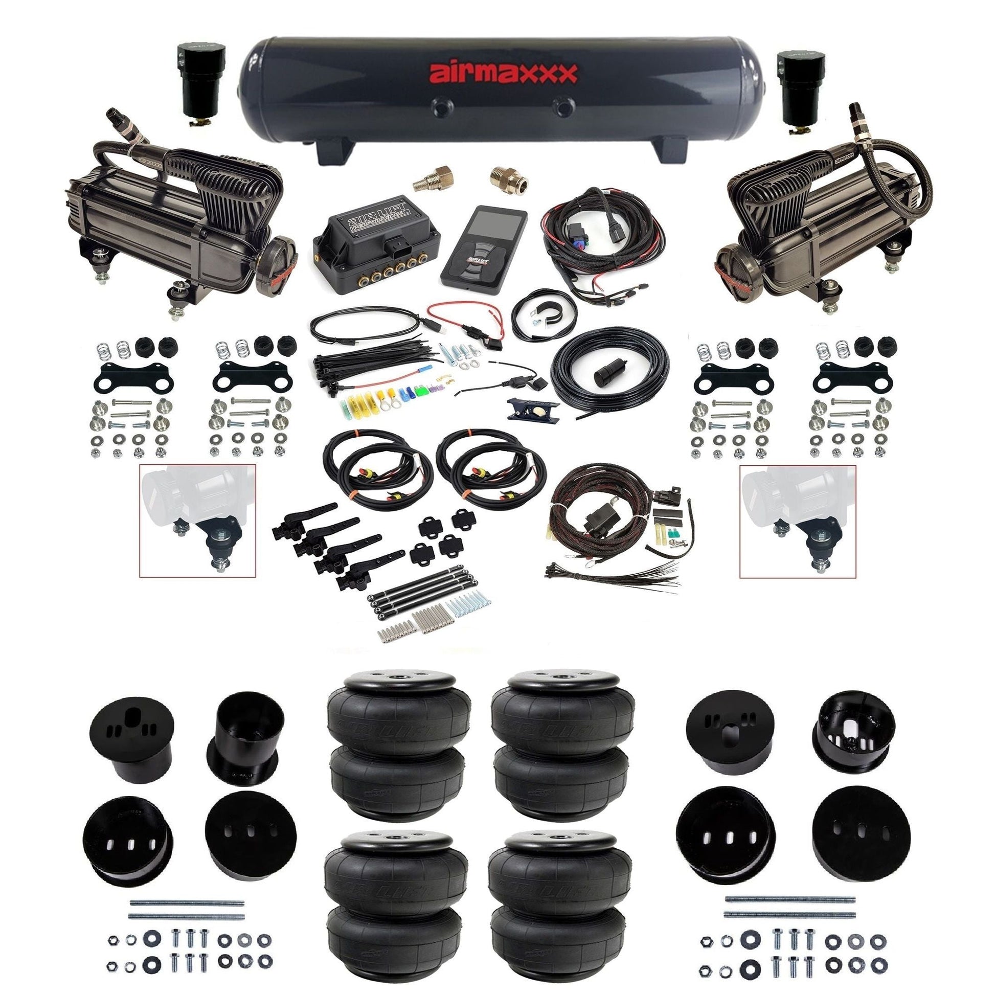 Air Lift 3H 3/8 X-series compressor steel tank airlift bags & airmaxxx brackets air ride kit for 1958-60 Cadillac KCAD58-XB2-57S-27695-WK-3P2D25