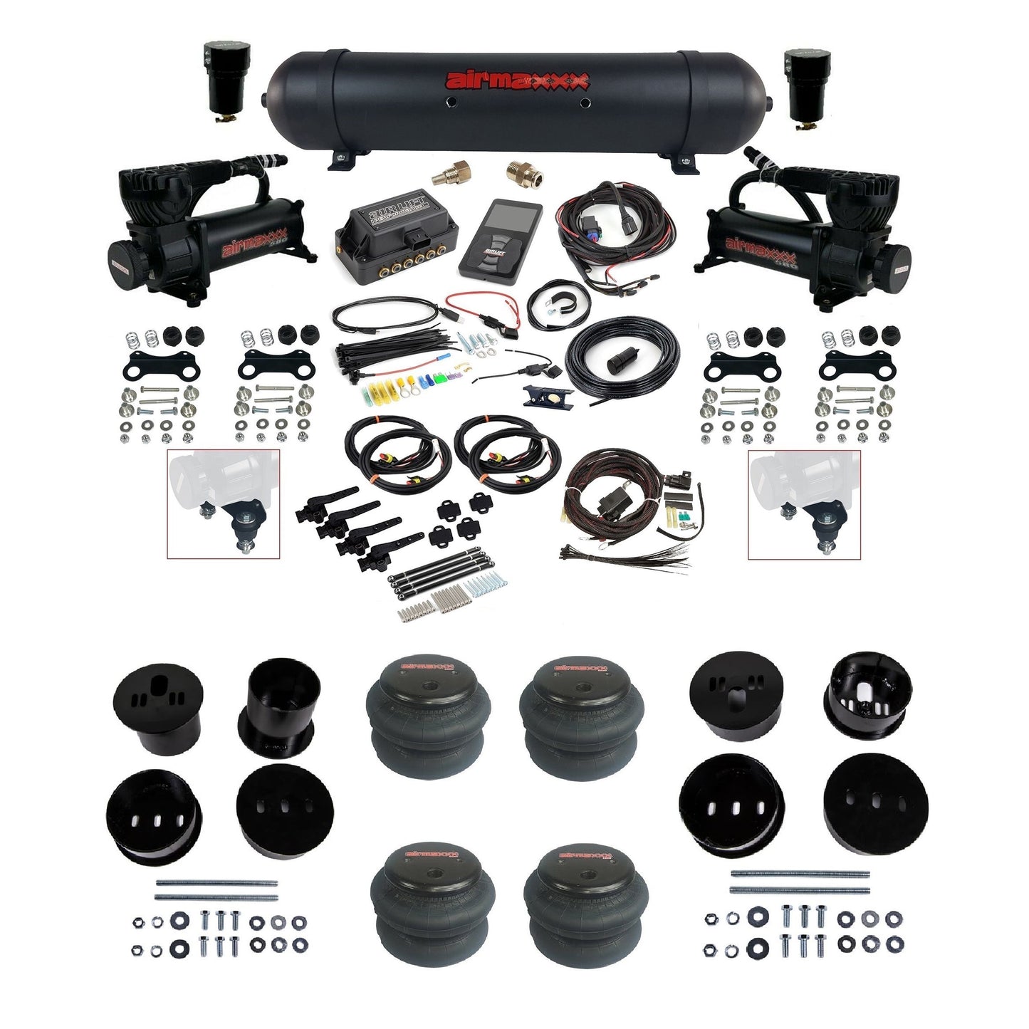 Air Lift 3H 3/8 air ride kit with dual black 580 compressors black aluminum tank 2600 bags & airmaxxx bolt on brackets fits 1958-60 Cadillac KCAD58-580B2-57ABK-27695-WK-3P2