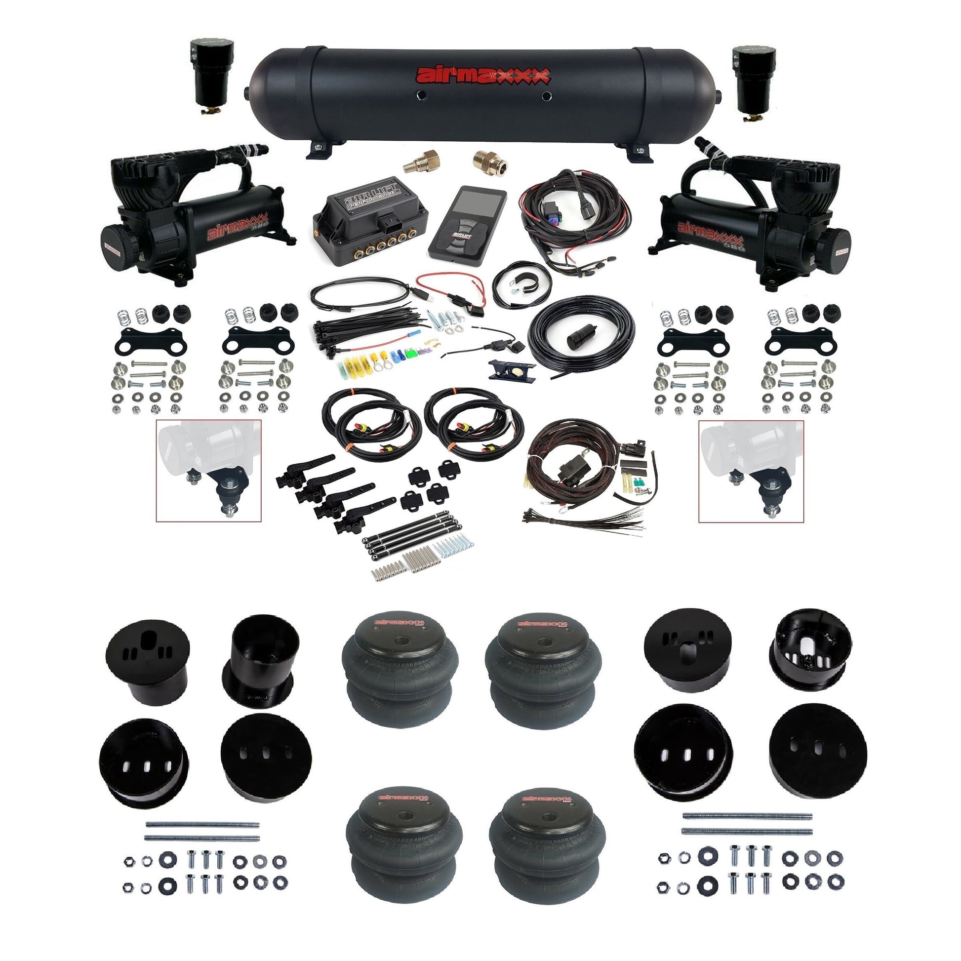 Air Lift 3H 3/8 air ride kit with dual black 580 compressors black aluminum tank 2600 bags & airmaxxx bolt on brackets fits 1958-60 Cadillac KCAD58-580B2-57ABK-27695-WK-3P2