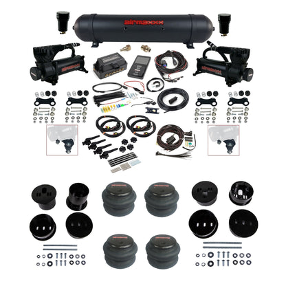 Air Lift 3H 3/8 air ride kit with dual black 580 compressors black aluminum tank 2600 bags & airmaxxx bolt on brackets fits 1958-60 Cadillac KCAD58-580B2-57ABK-27695-WK-3P2
