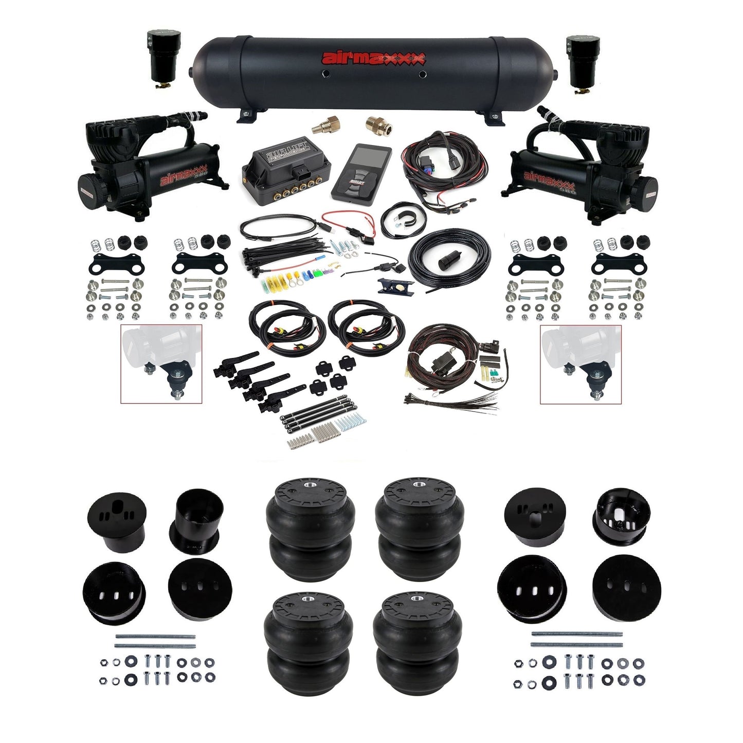 Air Lift 3H 3/8 air ride kit with dual black 580 compressors black aluminum tank Slam bags & airmaxxx bolt on brackets fits 1958-60 Cadillac KCAD58-580B2-57ABK-27695-WK-3P2SS7