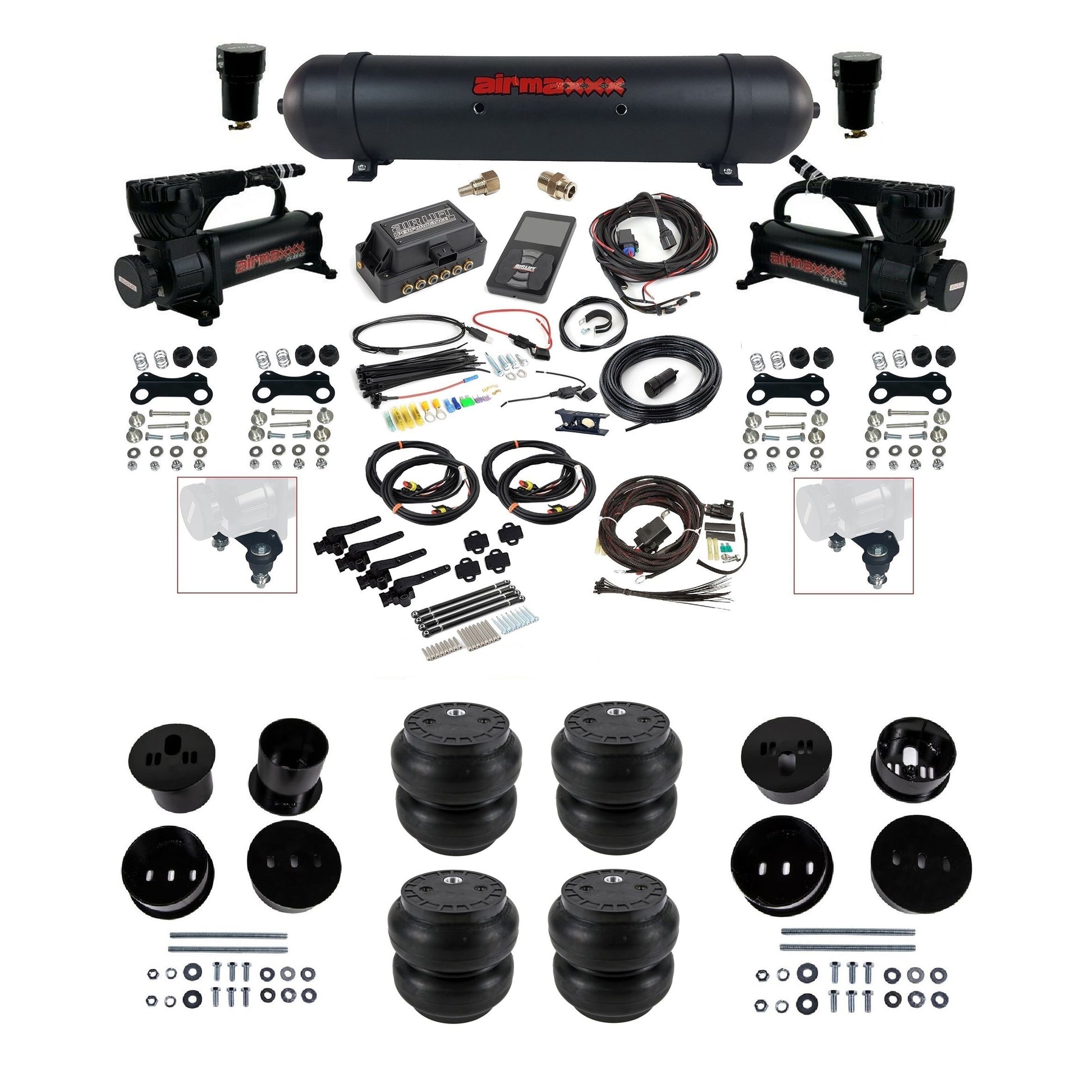 Air Lift 3H 3/8 air ride kit with dual black 580 compressors black aluminum tank Slam bags & airmaxxx bolt on brackets fits 1958-60 Cadillac KCAD58-580B2-57ABK-27695-WK-3P2SS7