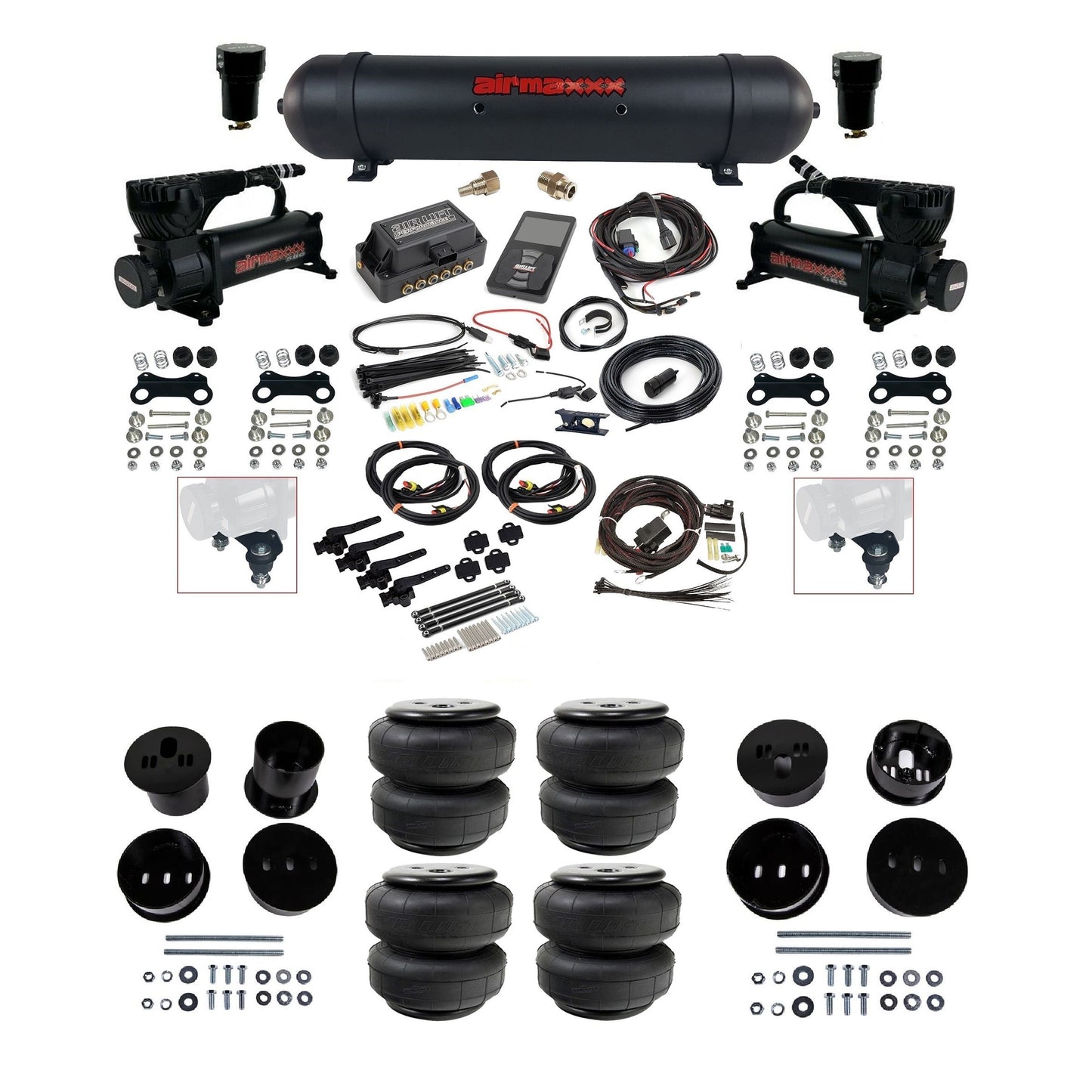 Air Lift 3H 3/8 air ride kit with dual black 580 compressors black aluminum tank airlift bags & airmaxxx bolt on brackets fits 1958-60 Cadillac KCAD58-580B2-57ABK-27695-WK-3P2D25
