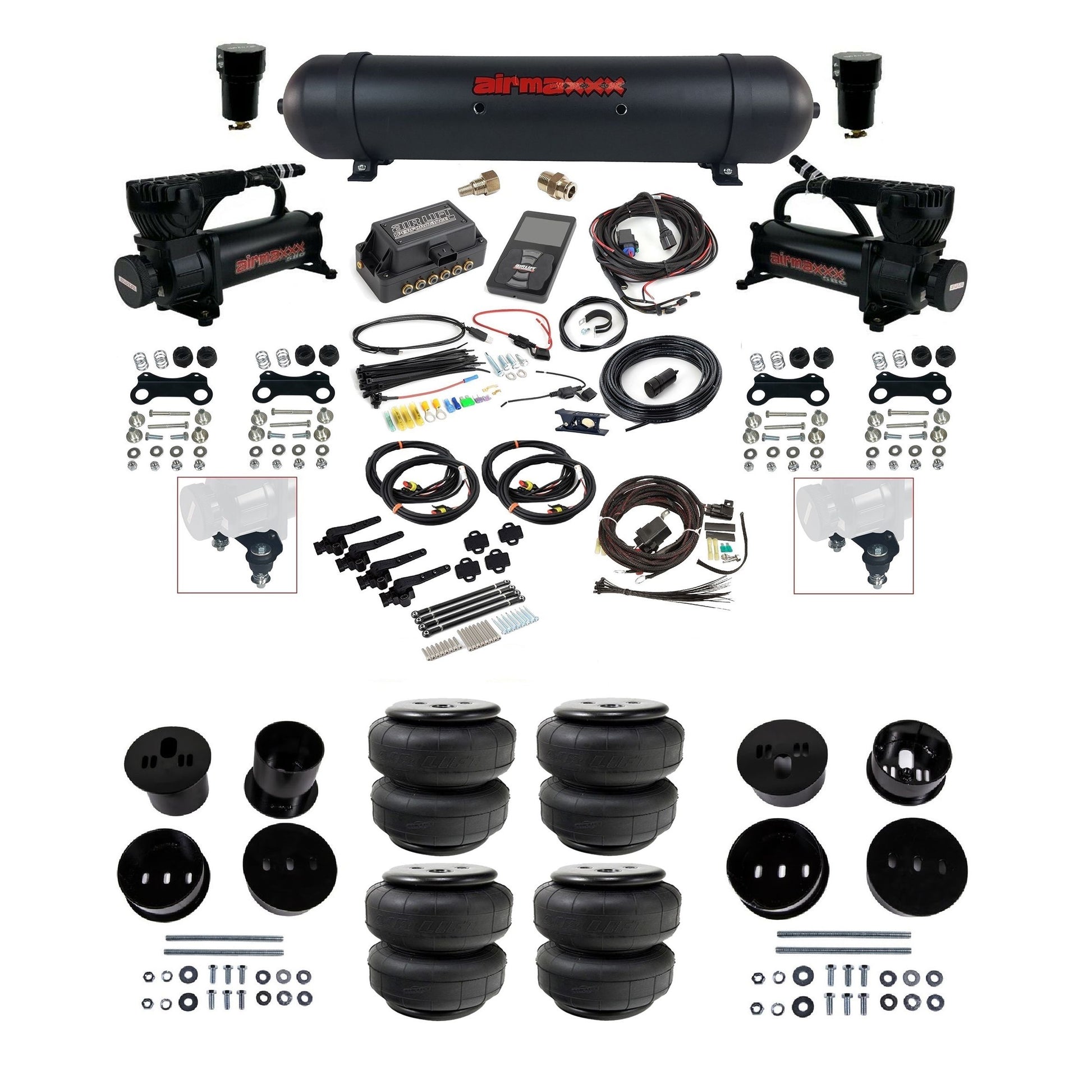 Air Lift 3H 3/8 air ride kit with dual black 580 compressors black aluminum tank airlift bags & airmaxxx bolt on brackets fits 1958-60 Cadillac KCAD58-580B2-57ABK-27695-WK-3P2D25