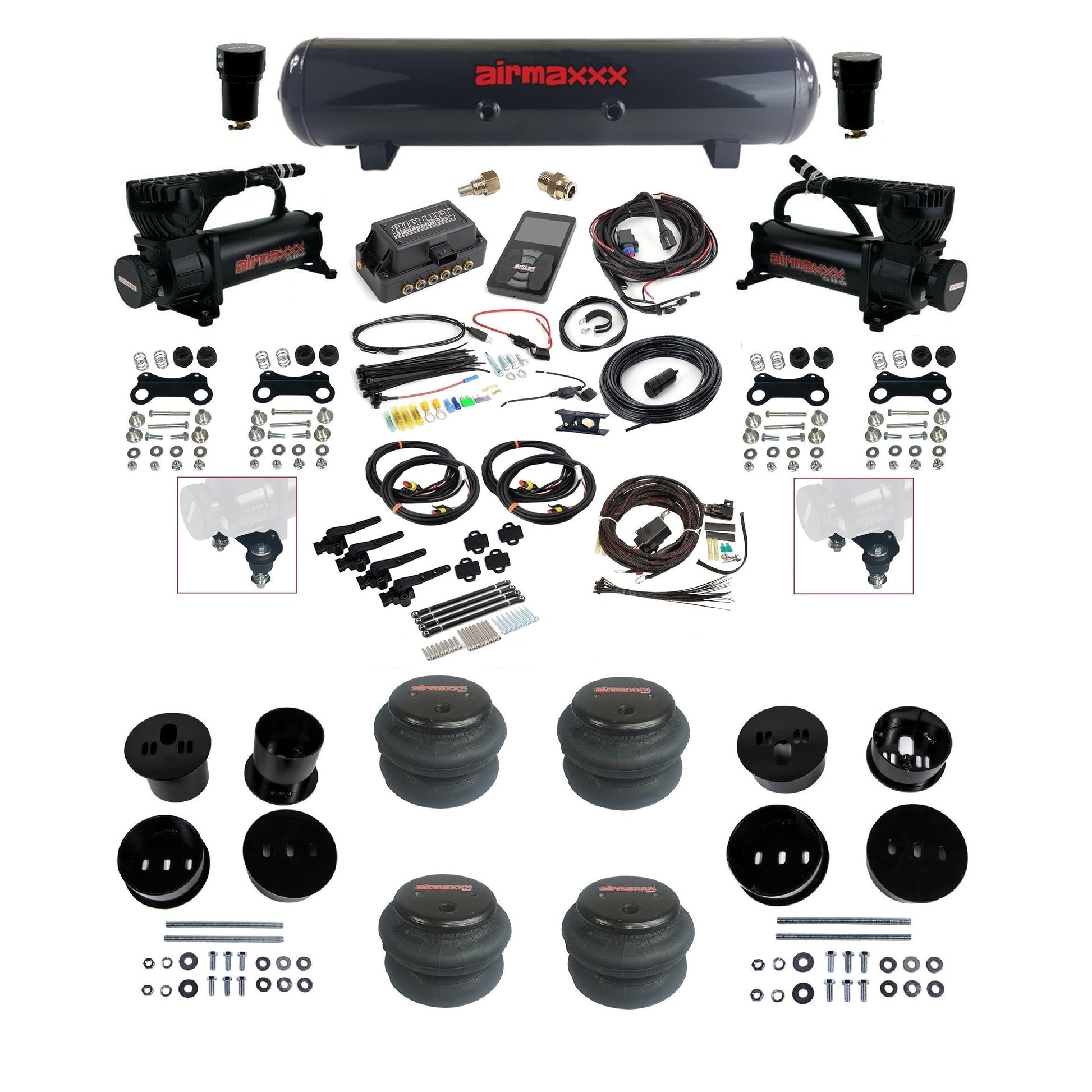 Air Lift 3H 3/8 air ride kit with dual black 580 compressors steel tank 2600 bags & airmaxxx bolt on brackets fits 1958-60 Cadillac KCAD58-580B2-57S-27695-WK-3P2