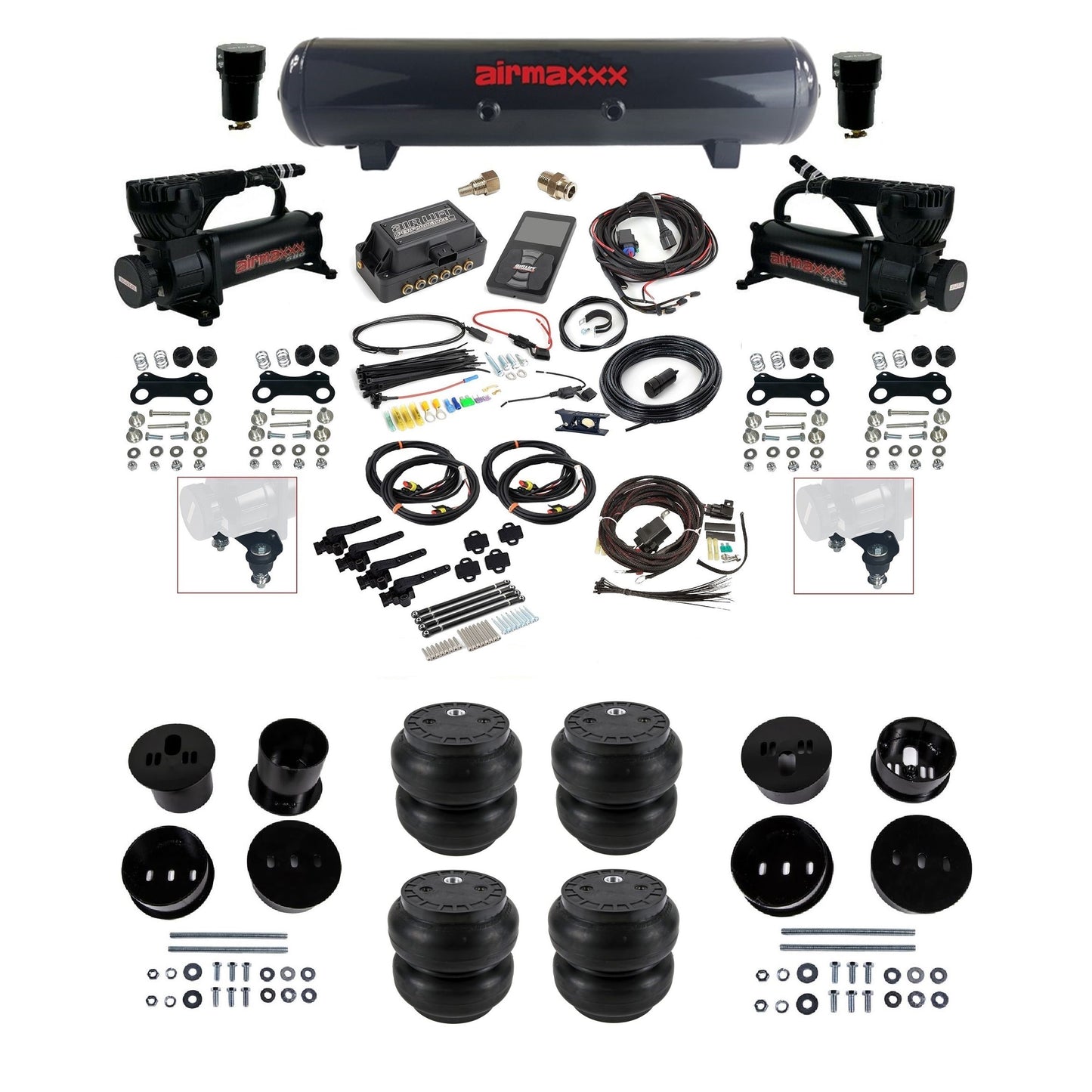 Air Lift 3H 3/8 air ride kit with dual black 580 compressors steel tank Slam bags & airmaxxx bolt on brackets fits 1958-60 Cadillac KCAD58-580B2-57S-27695-WK-3P2SS7