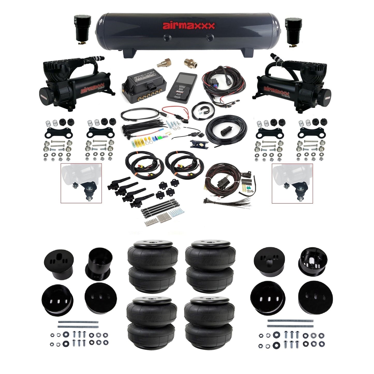 Air Lift 3H 3/8 air ride kit with dual black 580 compressors steel tank airlift bags & airmaxxx bolt on brackets fits 1958-60 Cadillac KCAD58-580B2-57S-27695-WK-3P2D25