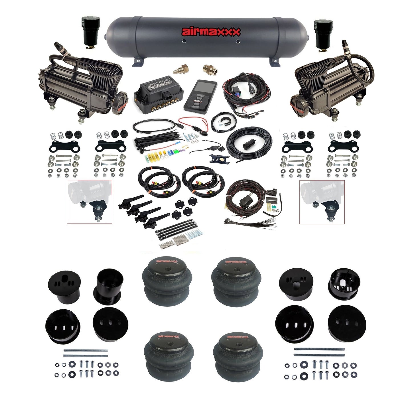 Air Lift 3H 3/8 air ride kit with dual black X-series compressors black aluminum tank 2600 bags & airmaxxx bolt on brackets fits 1958-60 Cadillac KCAD58-XB2-57ABK-27695-WK-3P2