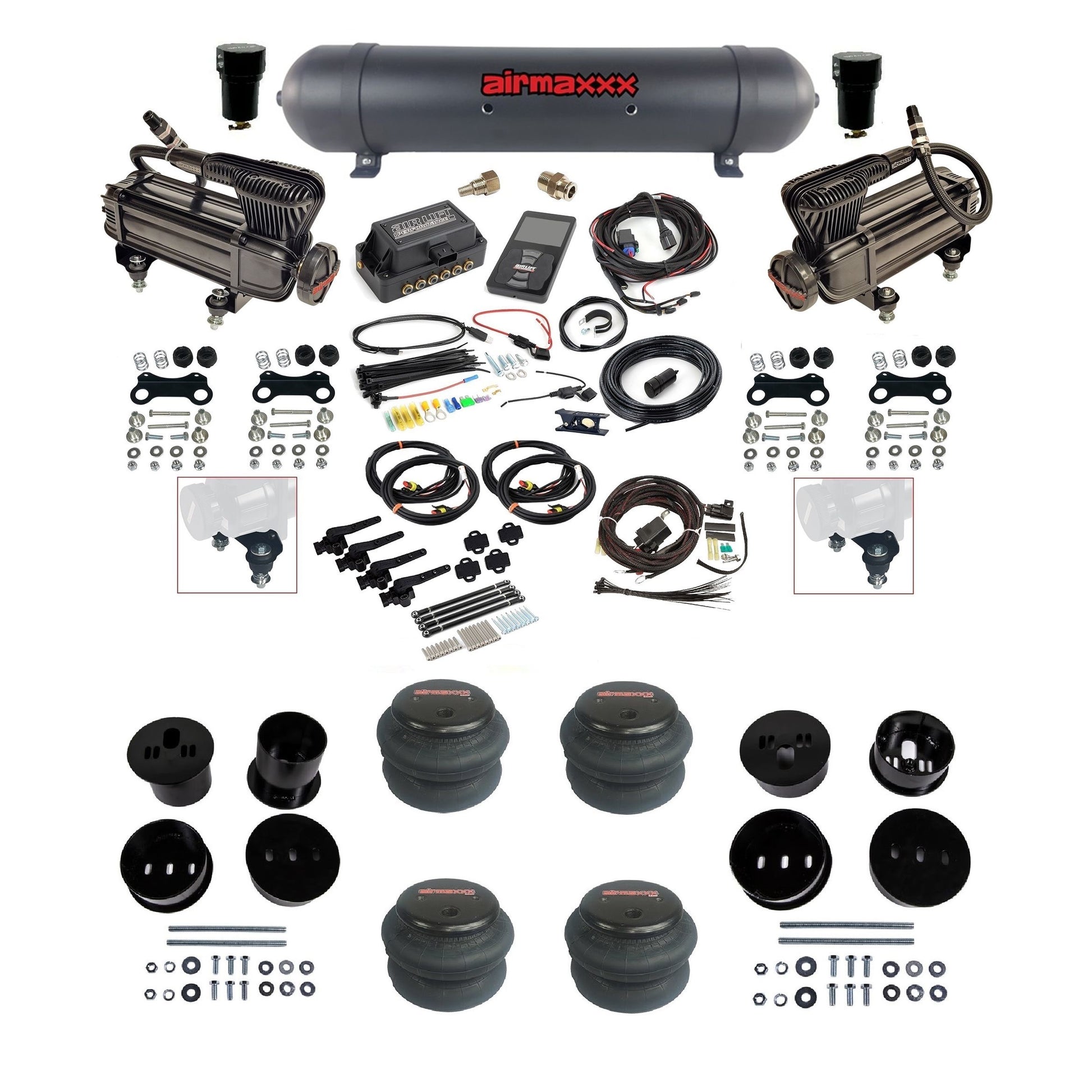 Air Lift 3H 3/8 air ride kit with dual black X-series compressors black aluminum tank 2600 bags & airmaxxx bolt on brackets fits 1958-60 Cadillac KCAD58-XB2-57ABK-27695-WK-3P2