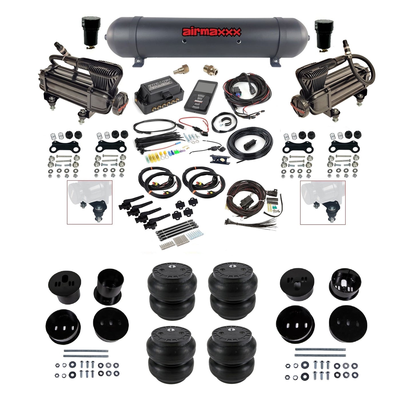 Air Lift 3H 3/8 air ride kit with dual black X-series compressors black aluminum tank Slam bags & airmaxxx bolt on brackets fits 1958-60 Cadillac KCAD58-XB2-57ABK-27695-WK-3P2SS7