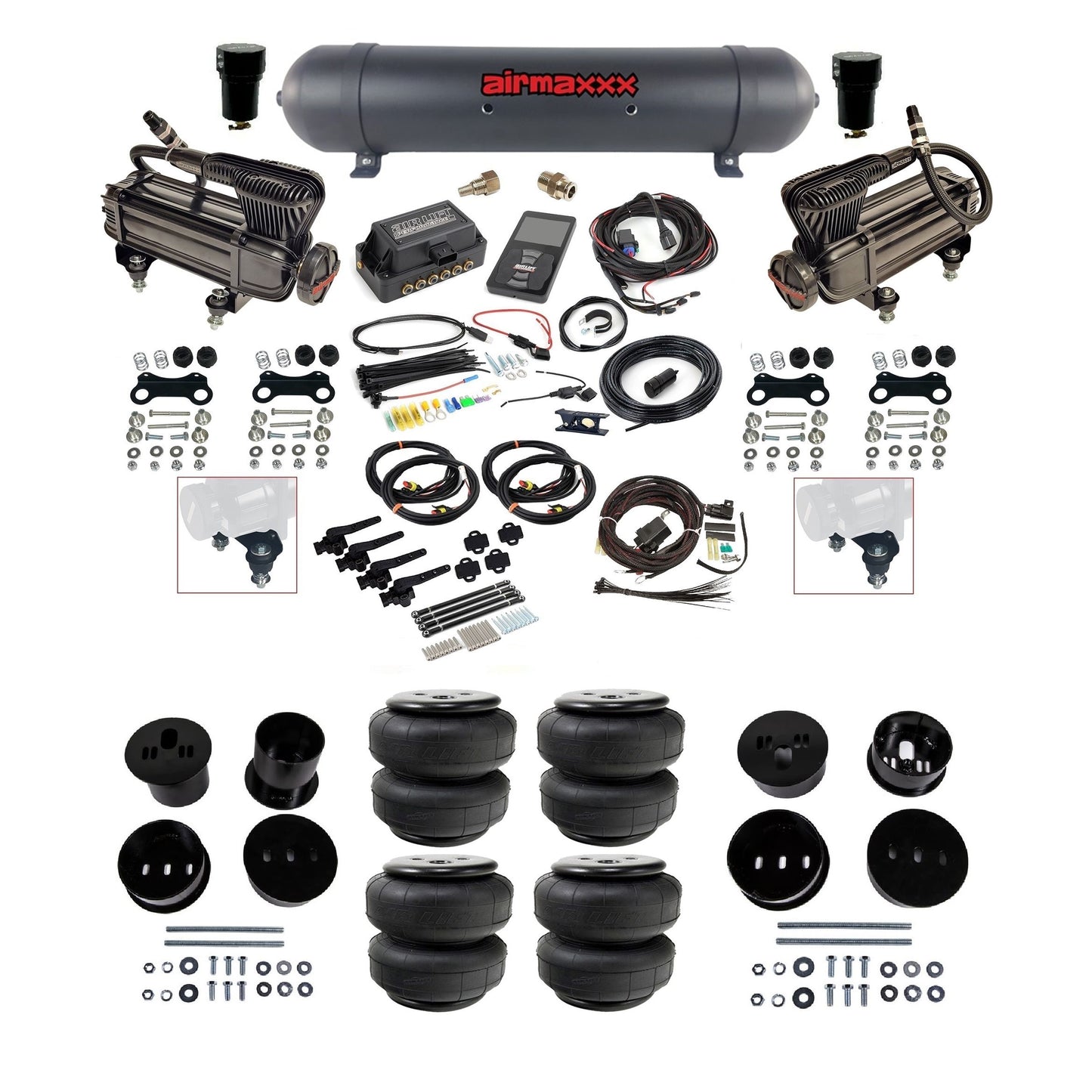 Air Lift 3H 3/8 air ride kit with dual black X-series compressors black aluminum tank airlift bags & airmaxxx bolt on brackets fits 1958-60 Cadillac KCAD58-XB2-57ABK-27695-WK-3P2D25