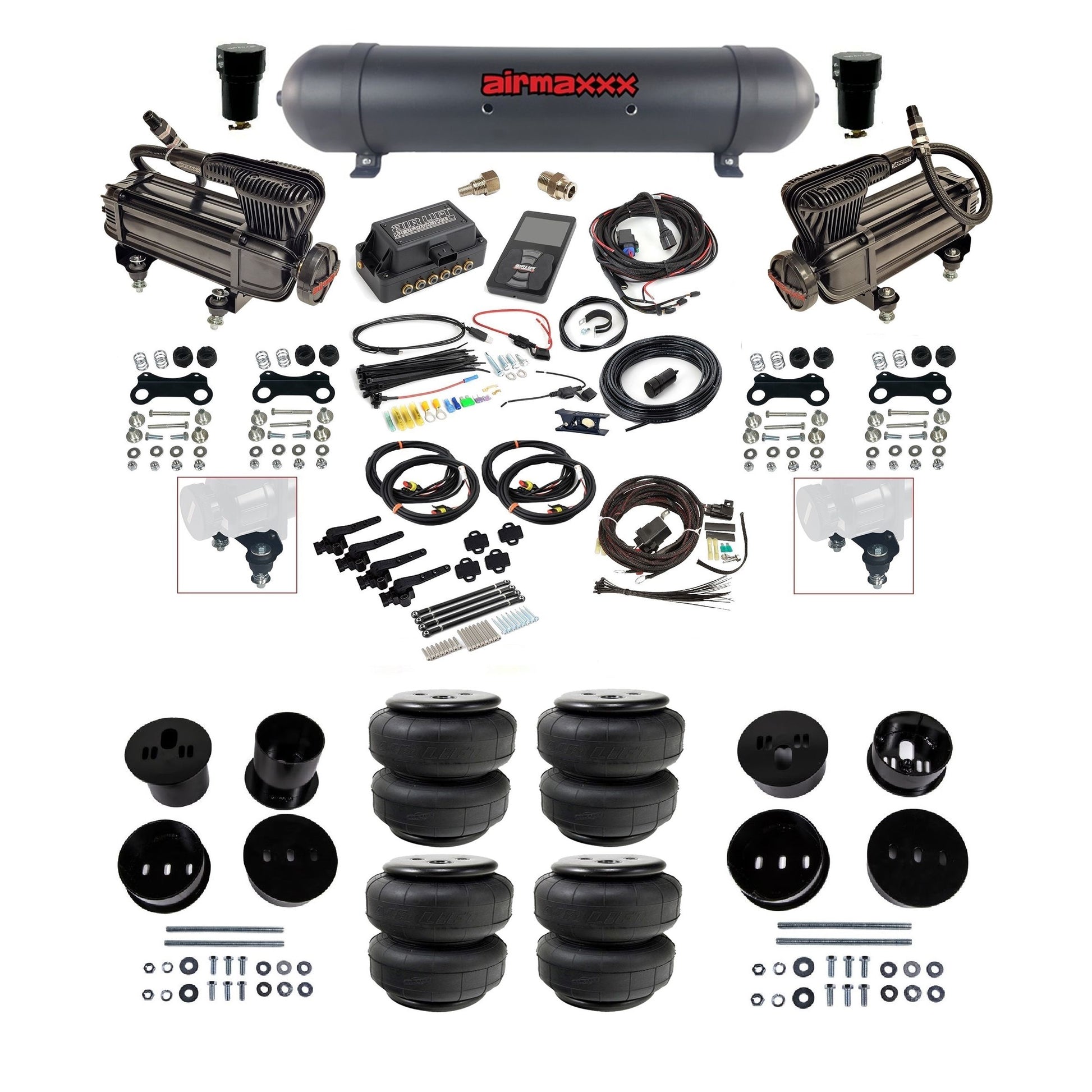 Air Lift 3H 3/8 air ride kit with dual black X-series compressors black aluminum tank airlift bags & airmaxxx bolt on brackets fits 1958-60 Cadillac KCAD58-XB2-57ABK-27695-WK-3P2D25