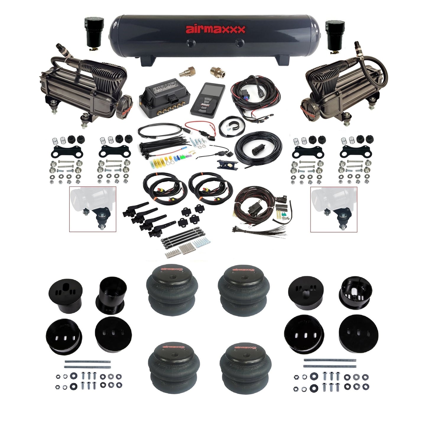 Air Lift 3H 3/8 air ride kit with dual black X-series compressors steel tank 2600 bags & airmaxxx bolt on brackets fits 1958-60 Cadillac KCAD58-XB2-57S-27695-WK-3P2