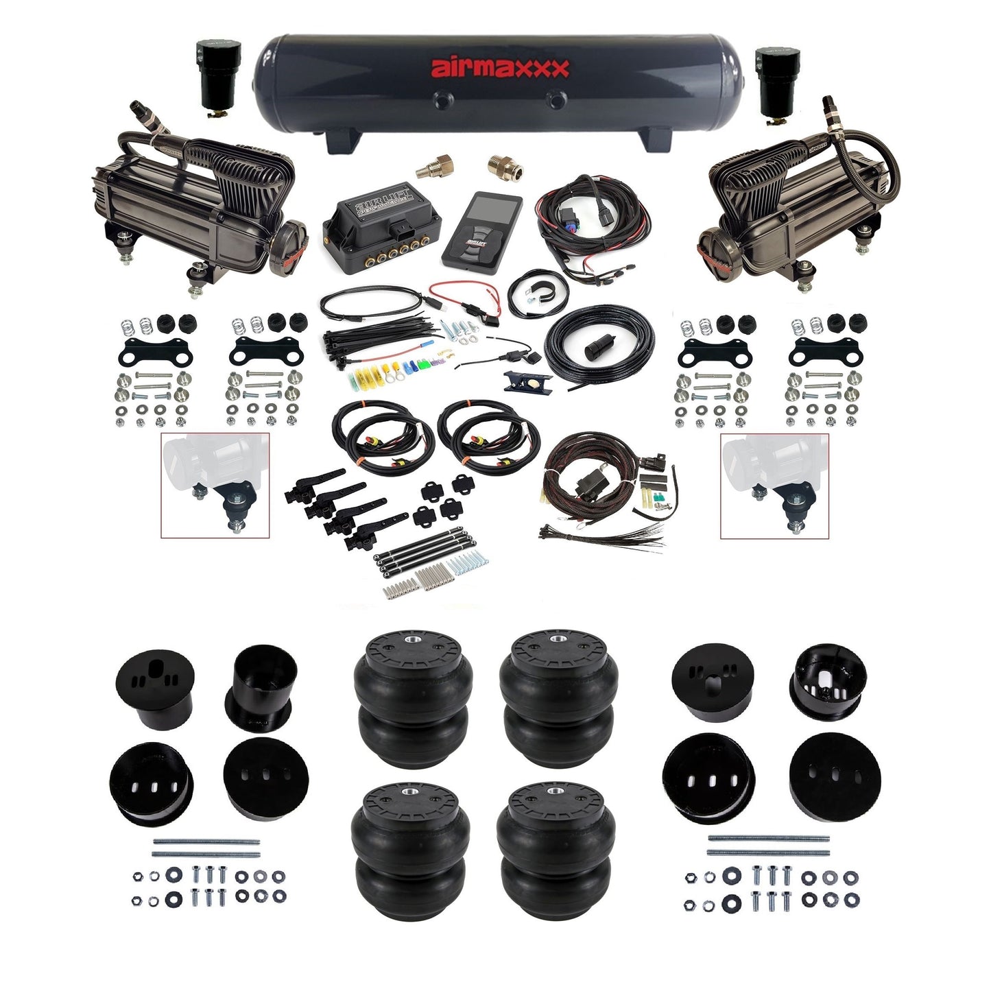 Air Lift 3H 3/8 air ride kit with dual black X-series compressors steel tank Slam bags & airmaxxx bolt on brackets fits 1958-60 Cadillac KCAD58-XB2-57S-27695-WK-3P2SS7