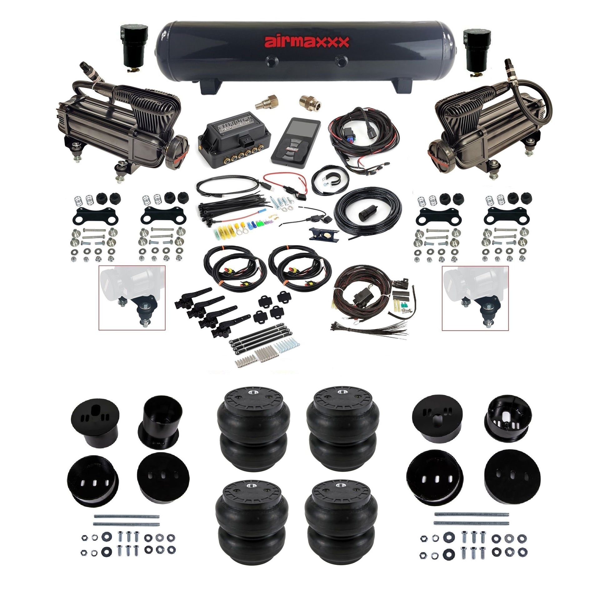 Air Lift 3H 3/8 air ride kit with dual black X-series compressors steel tank Slam bags & airmaxxx bolt on brackets fits 1958-60 Cadillac KCAD58-XB2-57S-27695-WK-3P2SS7