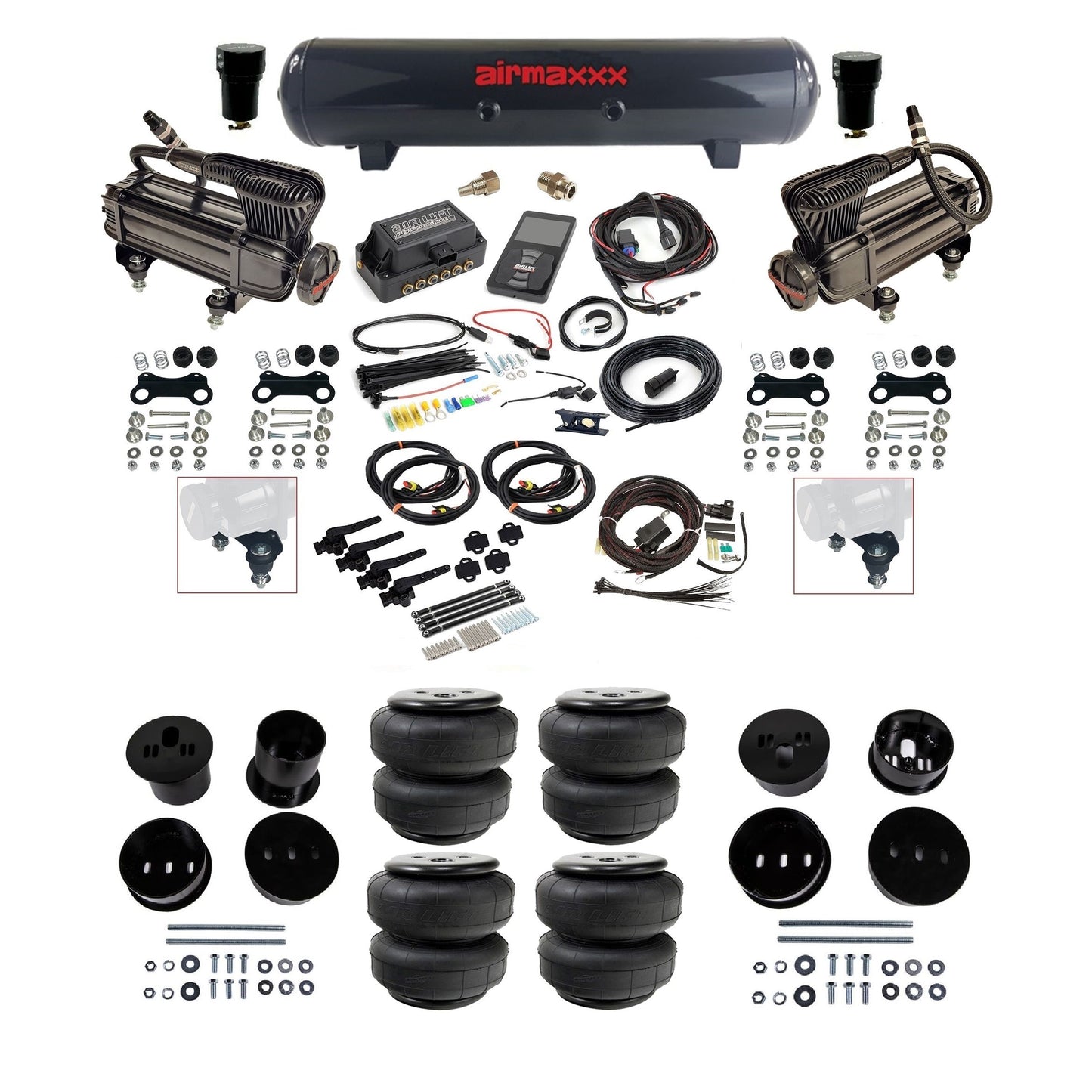 Air Lift 3H 3/8 air ride kit with dual black X-series compressors steel tank airlift bags & airmaxxx bolt on brackets fits 1958-60 Cadillac KCAD58-XB2-57S-27695-WK-3P2D25